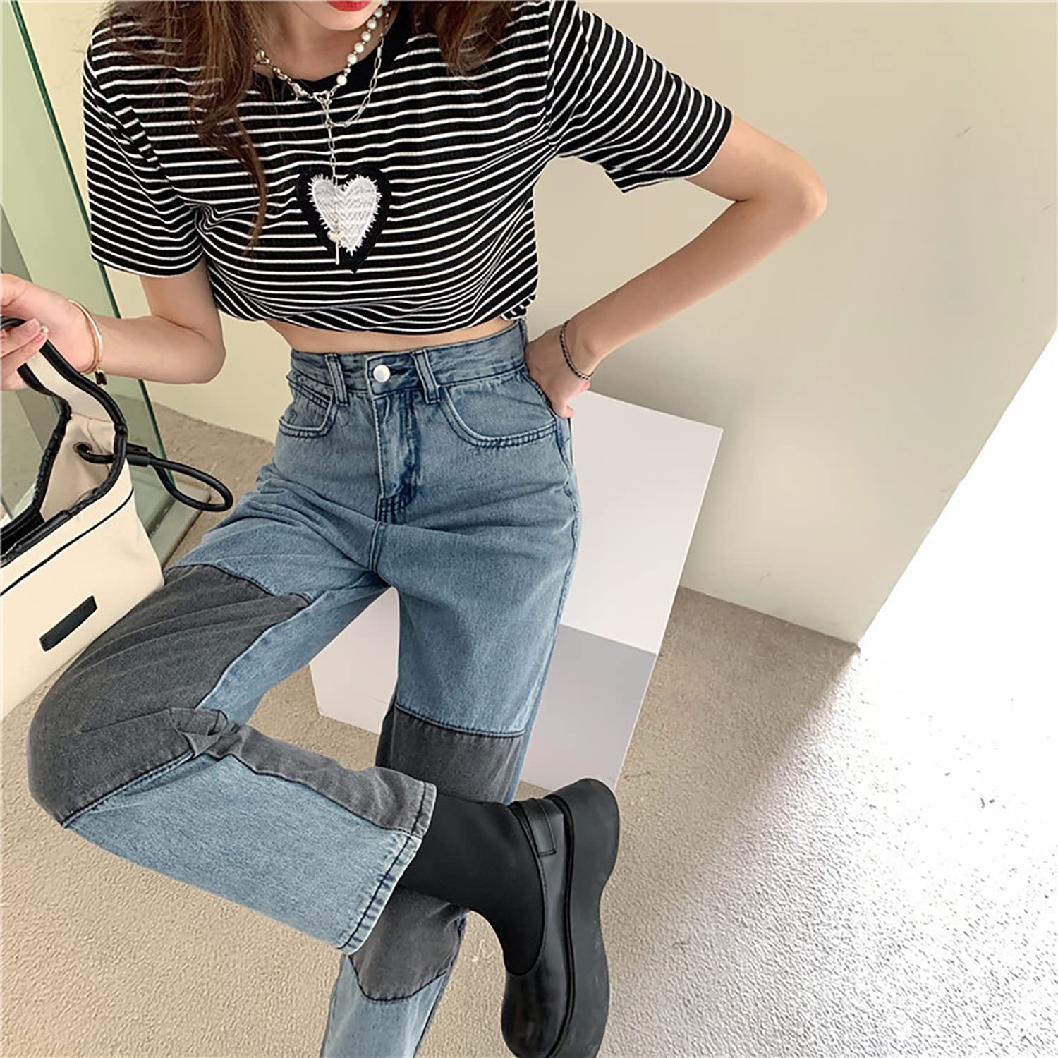 Women's High Waisted Color Block Straight Leg Jeans - Stretch Denim Pants with Patchwork Design for Women & Girls | Perfect for Casual Wear, Office Outfits & Street Style Fashion
