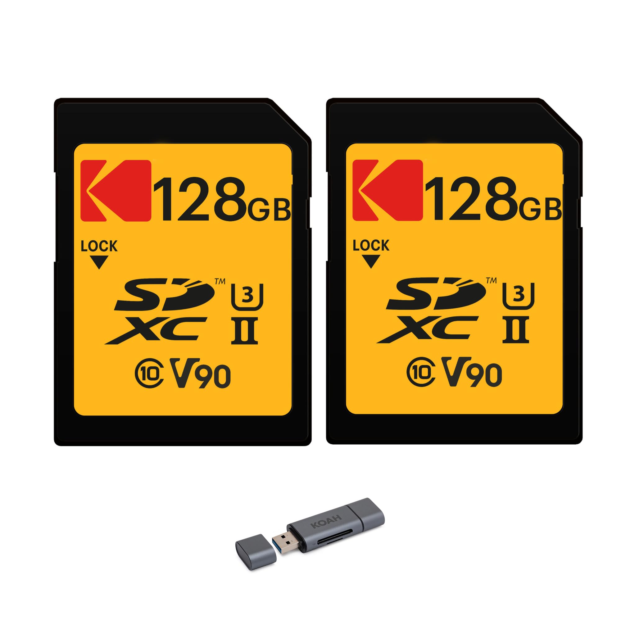 Kodak 128GB UHS-II U3 V90 Ultra Pro SDXC Memory Card (2-Pack) with Aluminum SD Reader - High Speed for 4K/8K Video, DSLR & Mirrorless Cameras - Perfect for Professional Photography & Videography