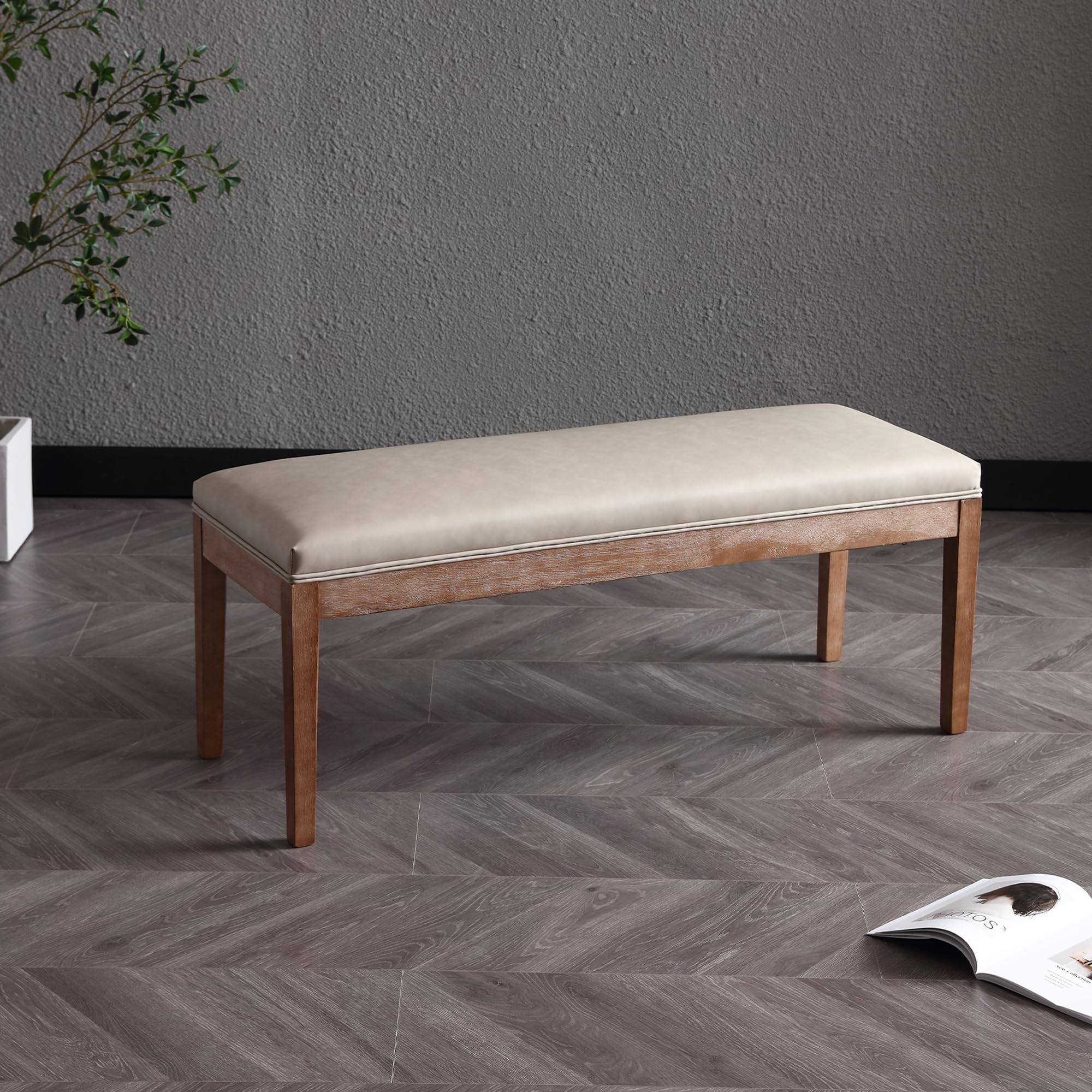 Modern Upholstered Entryway Bench with Wood Legs - Grey PU Leather Shoe Storage Bench for Hallway, Porch, Bedroom, Dining Room - Perfect for Entryway Seating, Shoe Storage, and Extra Dining Seating