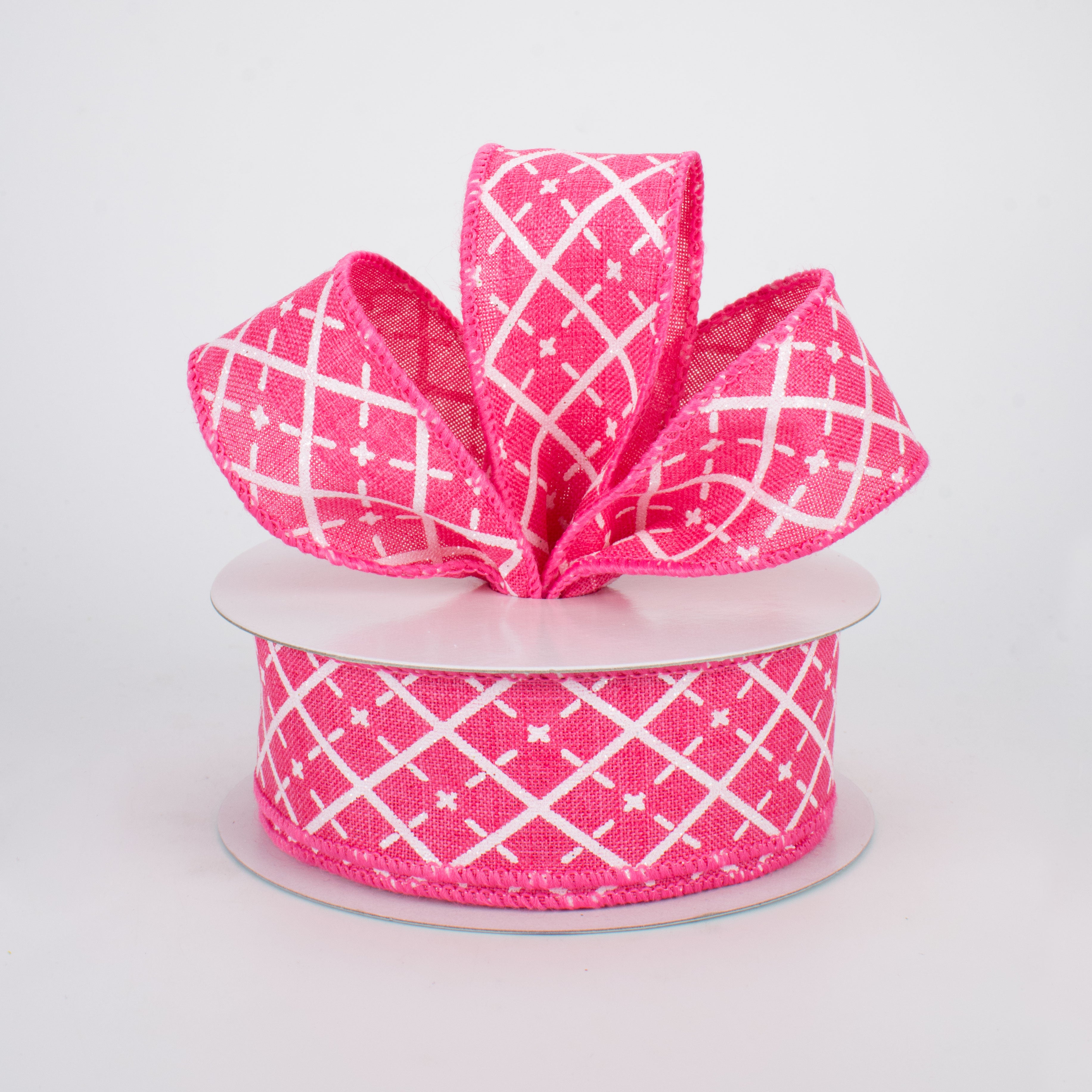 1.5 Inch Glittered Argyle Ribbon - Hot Pink & White Pattern for Gift Wrapping, Crafts & DIY Projects (10 Yards)