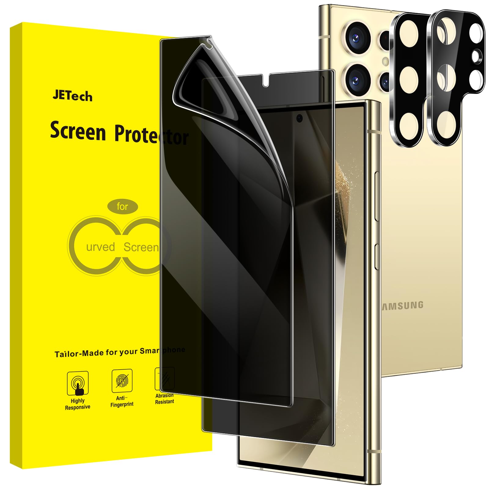 JETech Privacy Screen Protector for Samsung Galaxy S24 Ultra 5G (6.8 Inch) with Camera Lens Protector - Anti-Spy Flexible TPU Film, Fingerprint Unlock Compatible, 2-Pack - Perfect for Office, Travel & Privacy Protection