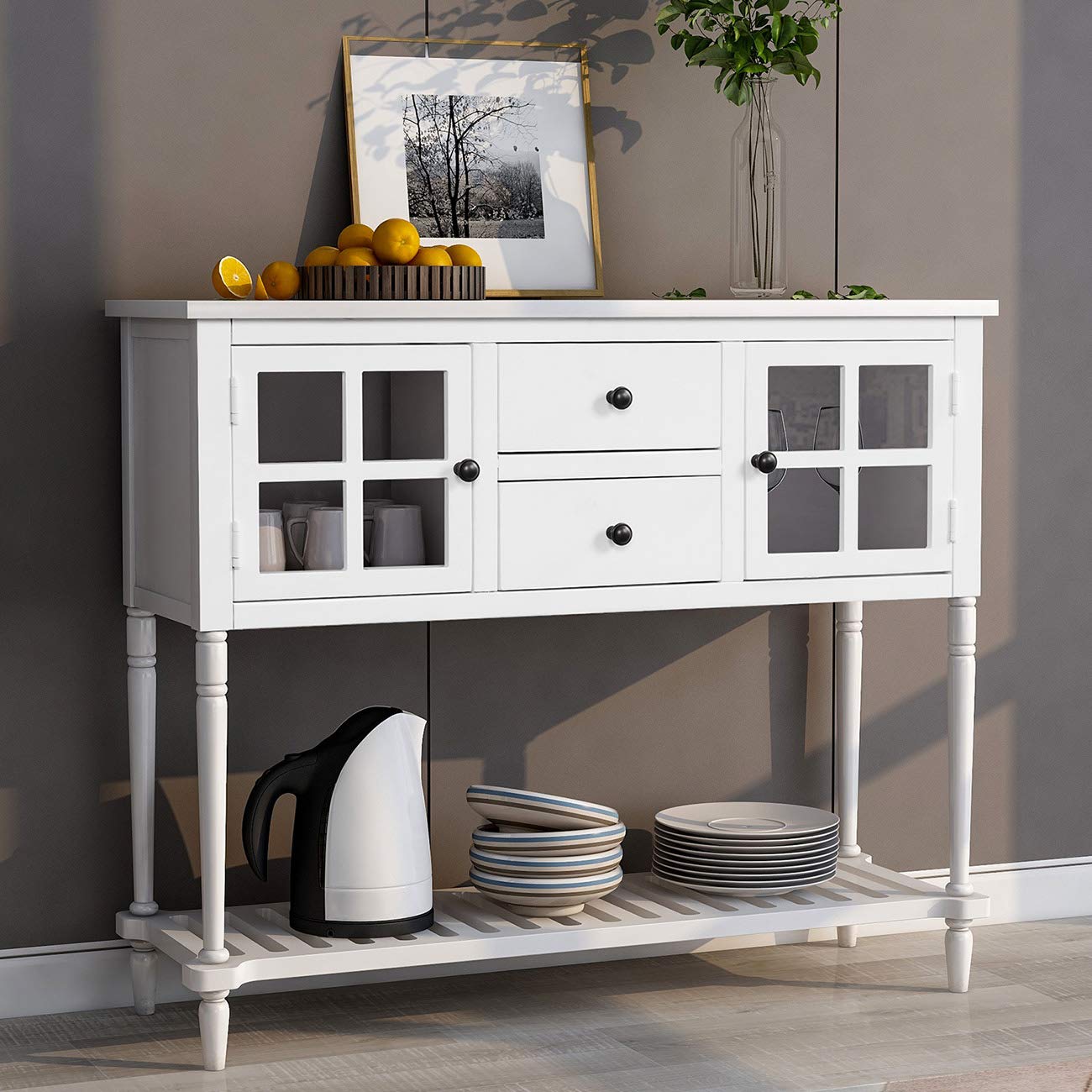 Retro Console Table with 2 Drawers - Farmhouse Entryway Sofa Table for Living Room & Dining Room - Easy Assembly (Snow White)