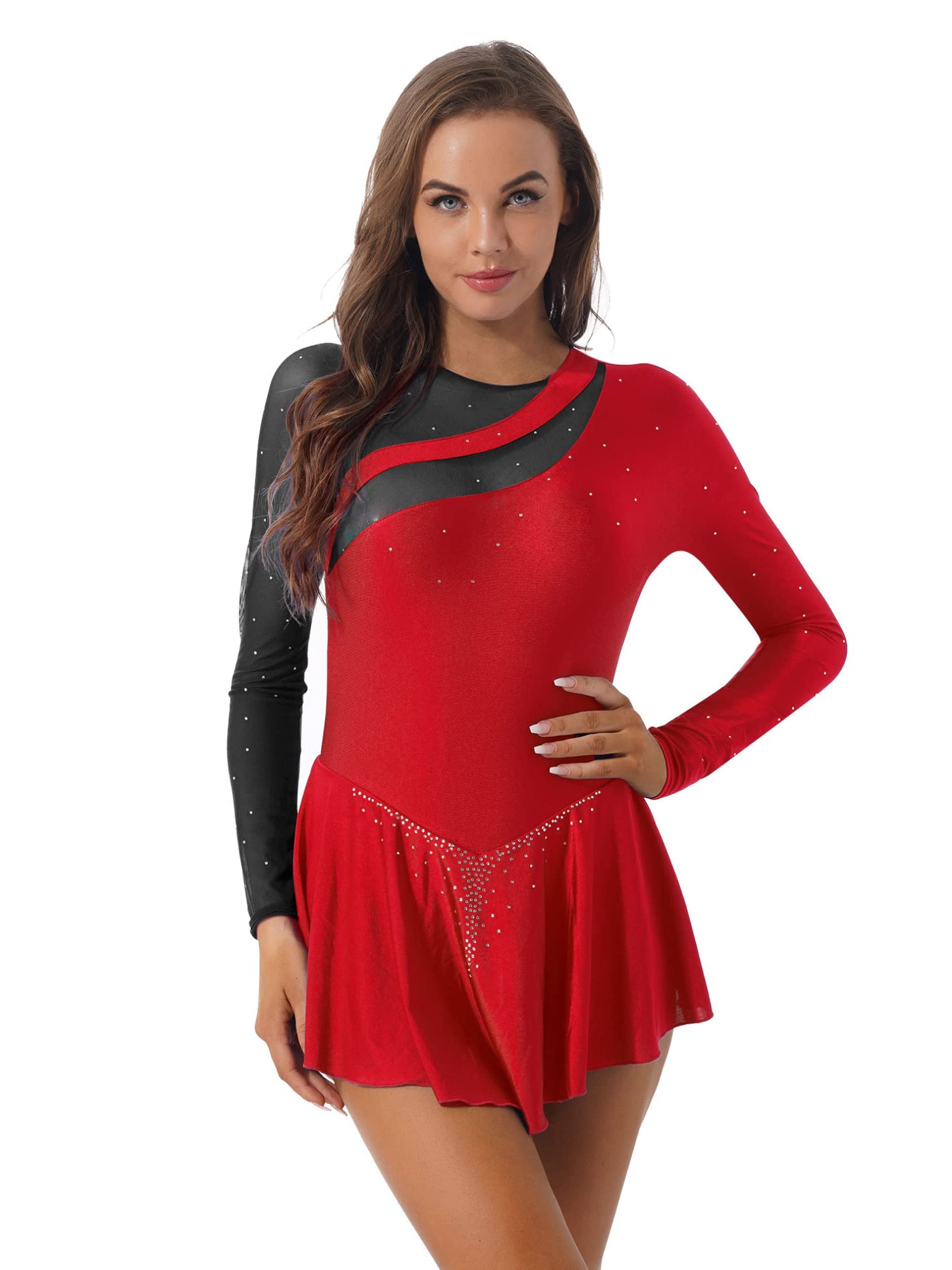 Elegant Women's Lyrical Dance Costume - Long Sleeve Mesh Figure Skating Dress with Backless Design | Ballet Leotard for Performances, Competitions & Dance Practice