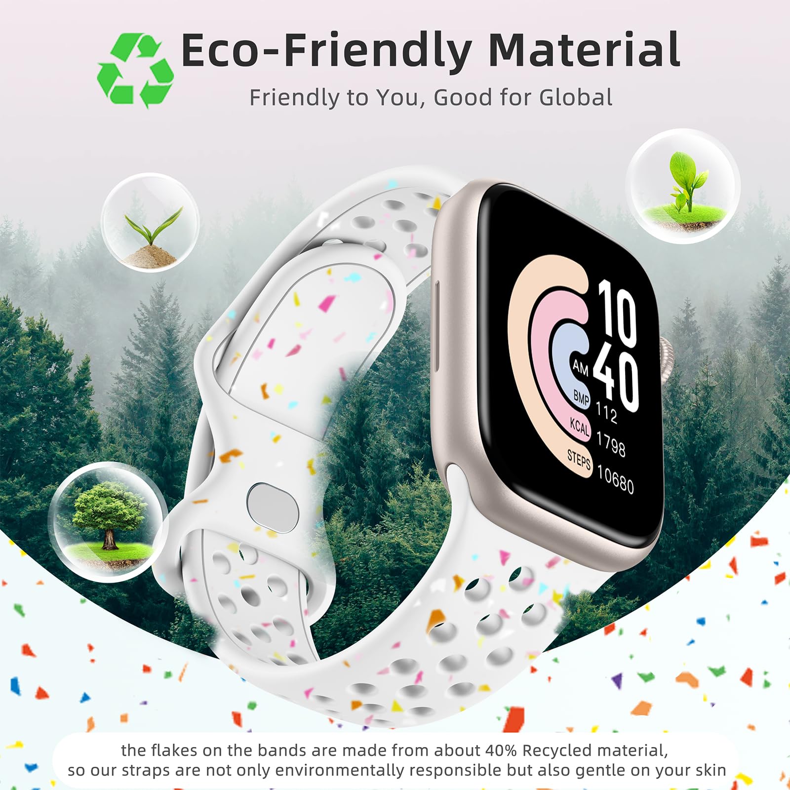 Eco-Friendly Apple Watch Bands for Women & Men - Compatible with iWatch Ultra 2, Series 9/8/7/6/5/4/3/SE (40mm 38mm 44mm 42mm 41mm 45mm 49mm) - Breathable Sport Replacement Straps for Workouts & Daily Wear