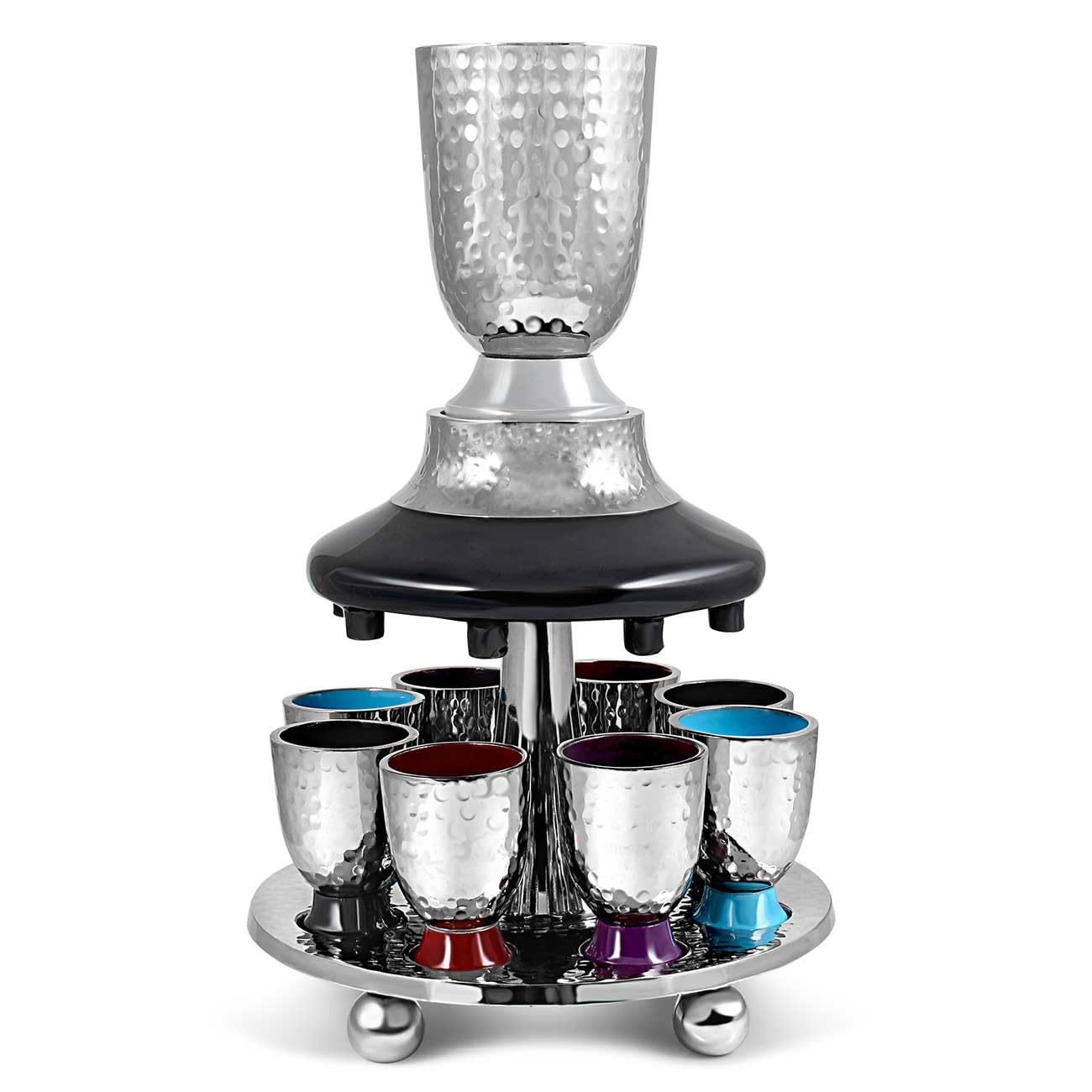 Elegant Hammered Metal Kiddush Cup Wine Fountain Set with Enamel Detailing - Large Goblet & 8 Shot Cups for Jewish Holidays - Perfect for Shabbat, Passover, Seder, Yom Tov & Wedding Gifts by Zion Judaica (Multi Color) - Ideal for Jewish Ceremonies, Holiday Celebrations & Special Occasions