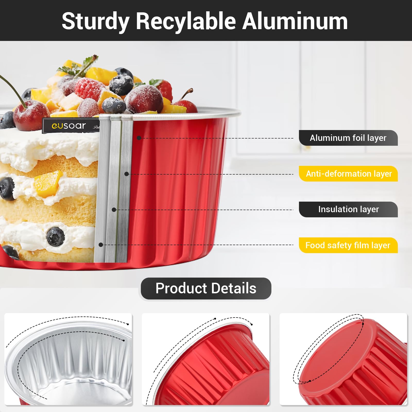 EUSOAR 100Pcs 5oz Aluminum Foil Cupcake Liners with Lids - Disposable Baking Cups for Muffins, Cupcakes & Desserts - Perfect for Home Baking, Parties & Holiday Treats