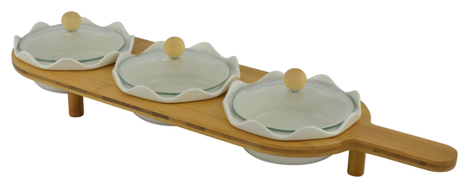 Premium White Ceramic 3-Piece Serving Bowl Set with Bamboo Tray - Perfect for Entertaining, Salad Bowls, Snack Serving & Dinner Party Tableware