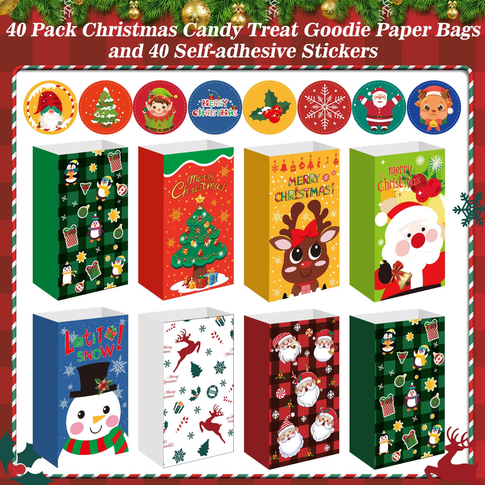 FEBSNOW 40-Pack Christmas Gift Bags with Stickers - Holiday Candy Treat Bags for Kids, Xmas Cookie Wrapping, Party Favors & Craft Paper Bags - Perfect for Christmas Parties, School Events & Gift Exchanges