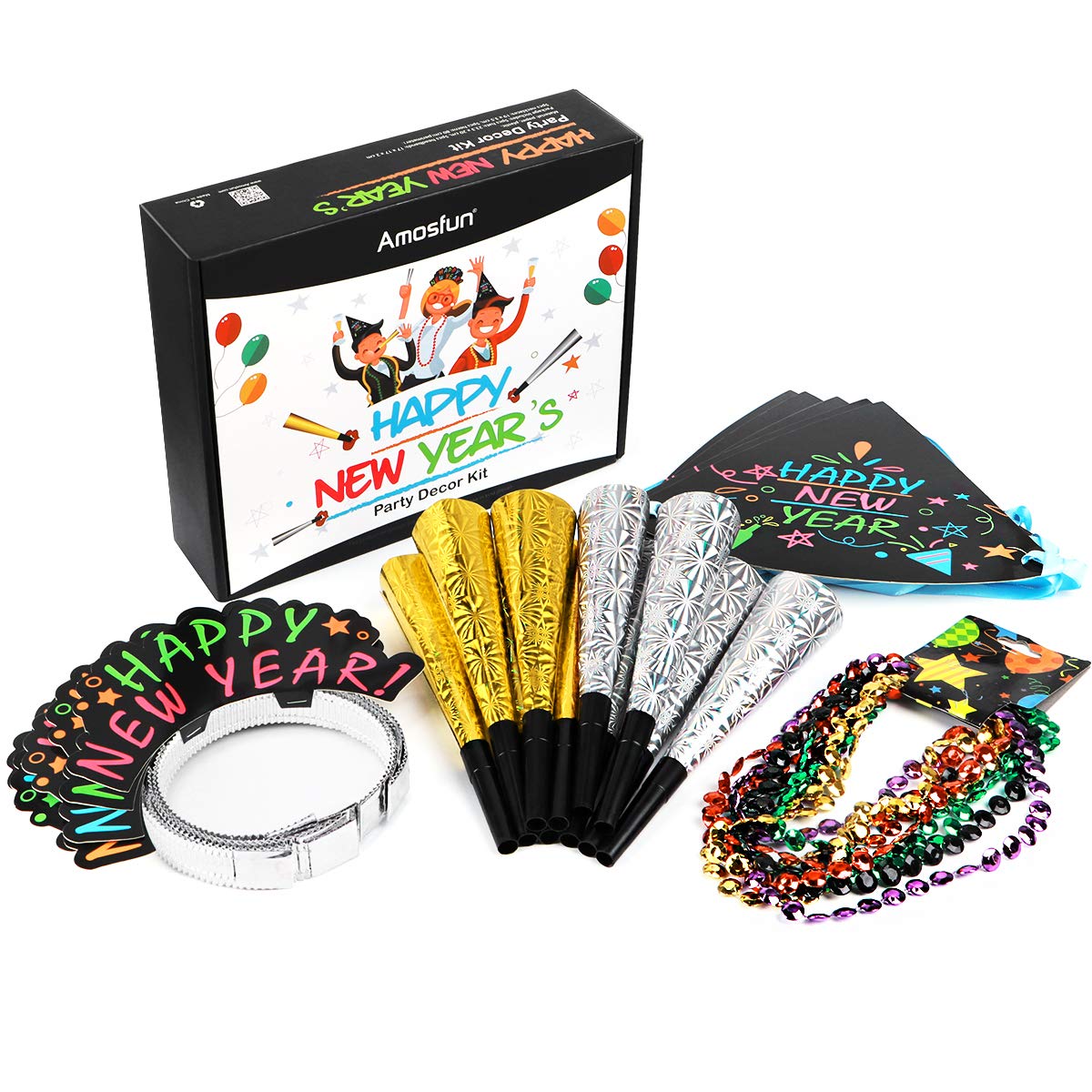 Amosfun 2020 New Year Party Photo Booth Props Kit - 25-Pack Includes Happy New Year Hats, Headbands & Noise Makers for NYE Celebration - Perfect for New Year's Eve Parties, Countdown Events & Family Gatherings