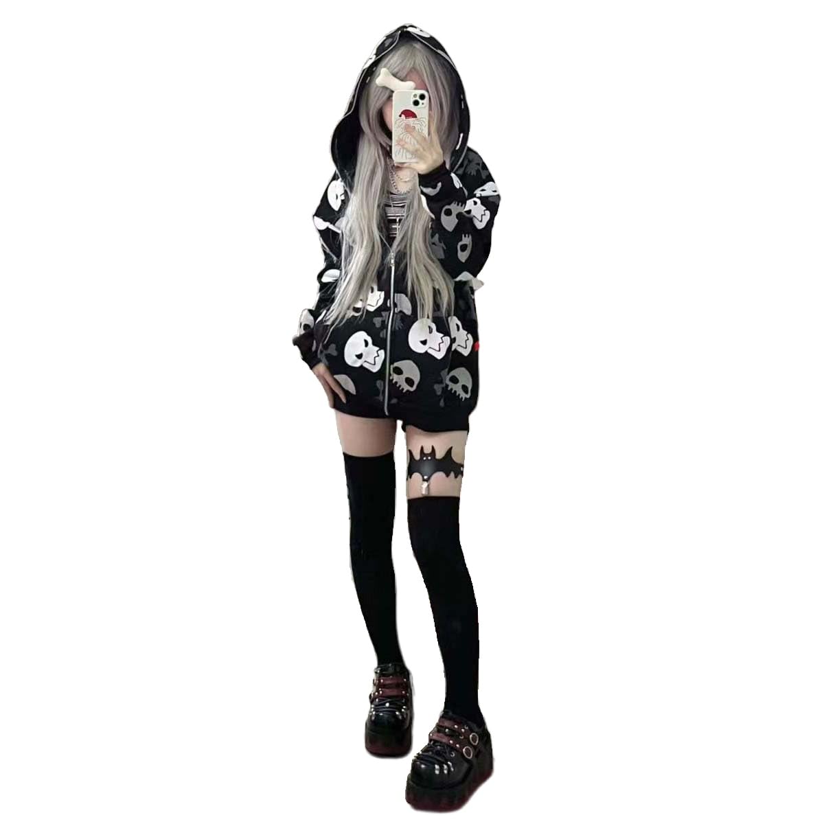 Gothic Women's Zip Up Hooded Sweatshirt - Y2K Skull Print Cardigan | Harajuku Loose Fit Jacket for Streetwear & Casual Outfits