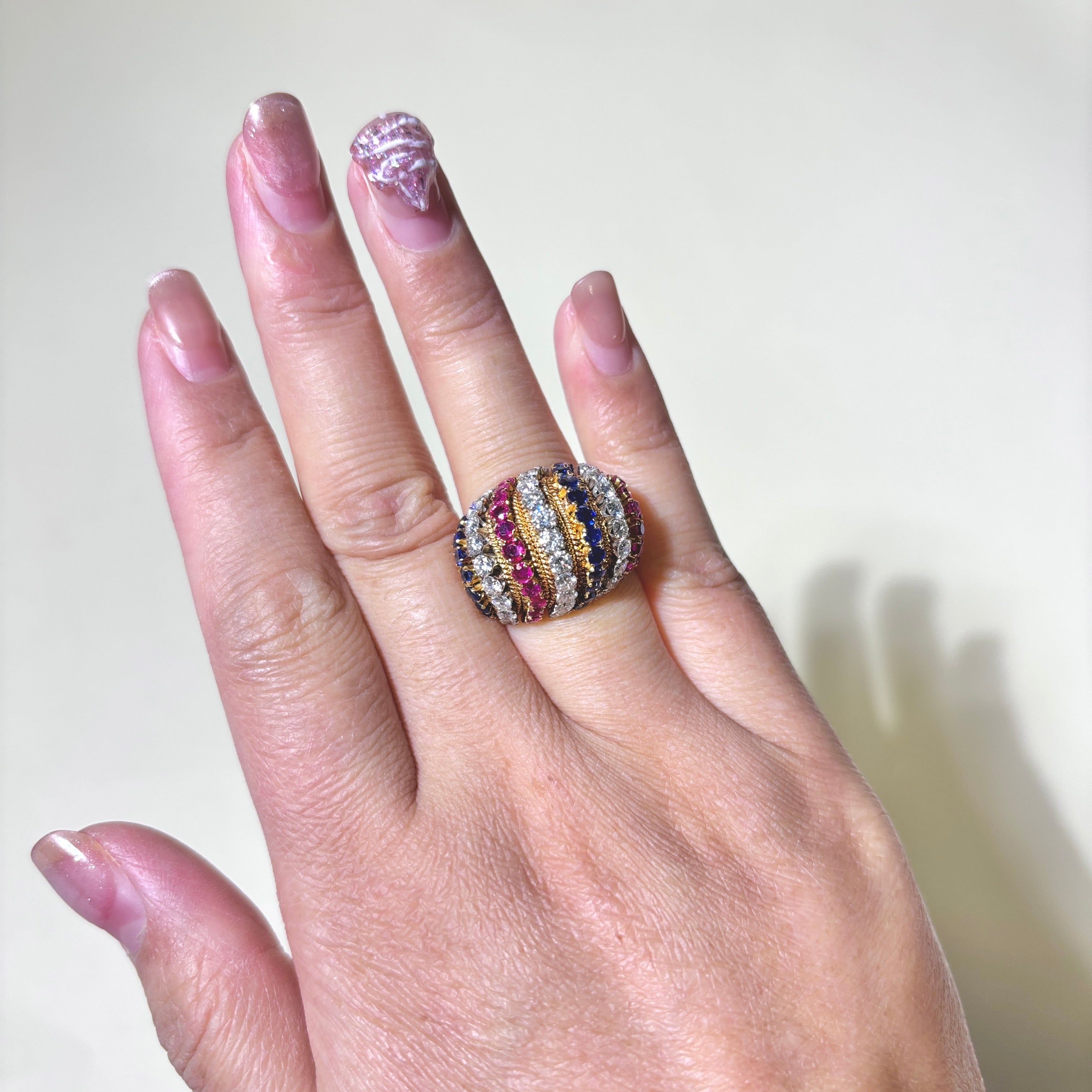 18K Yellow Gold Ruby Sapphire & Diamond Dome Ring - 1.01ctw Ruby, 1.01ctw Sapphire, 1.60ctw Diamond - Size 5.25 | Elegant Statement Jewelry for Weddings, Anniversaries & Special Occasions