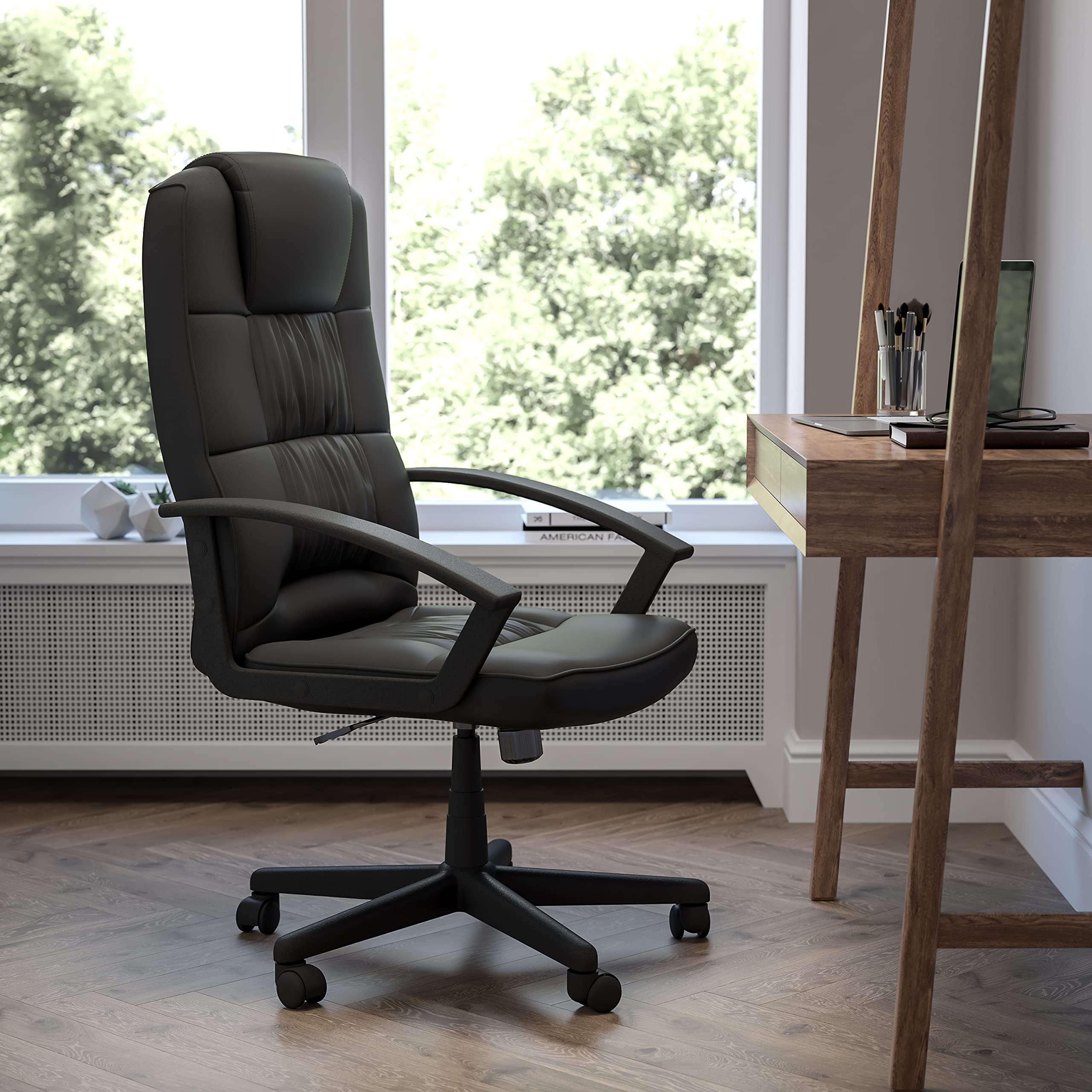 EMMA + OLIVER High Back Black LeatherSoft Task Chair with Arms - Ergonomic Office Desk Chair for Home & Work - Perfect for Long Hours Sitting, Computer Work & Gaming