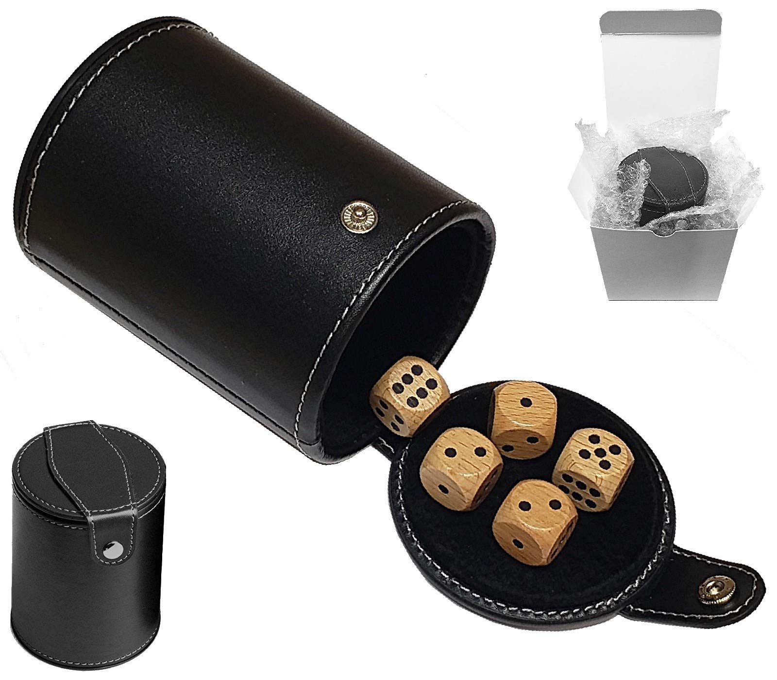 Black PU Leather Dice Cup Set with 5 Wood Dice - Perfect for Board Games & Gifts