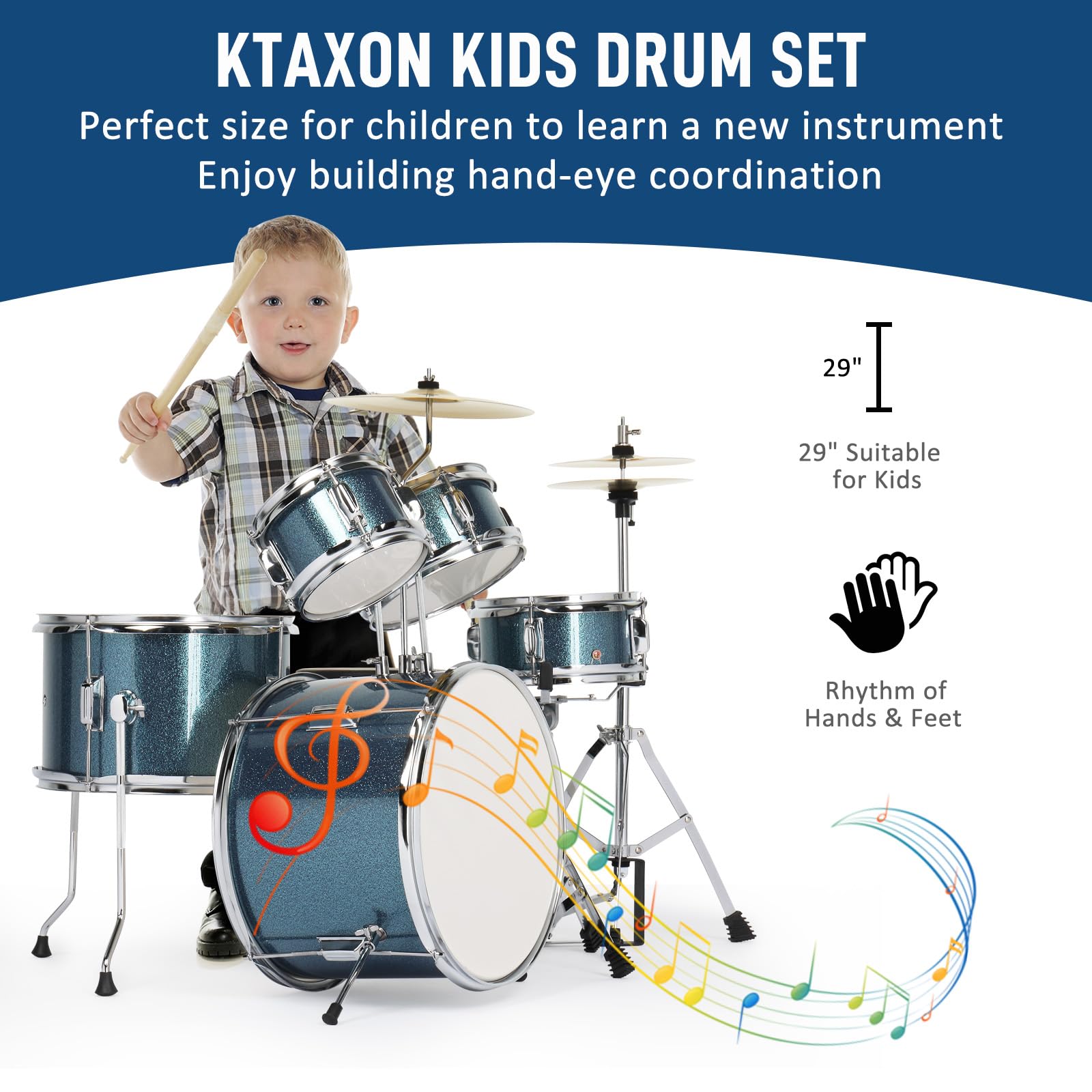 Ktaxon 5-Piece Complete Junior Drum Set - 14 Inch Kids Drum Kit with Throne Stool, Pedal & Drumsticks - Beginner Musical Instrument with Cymbal, Hi-Hat, Floor Tom & Snare Drum (Blue) - Perfect for Kids Music Lessons, Birthday Gifts & Home Practice