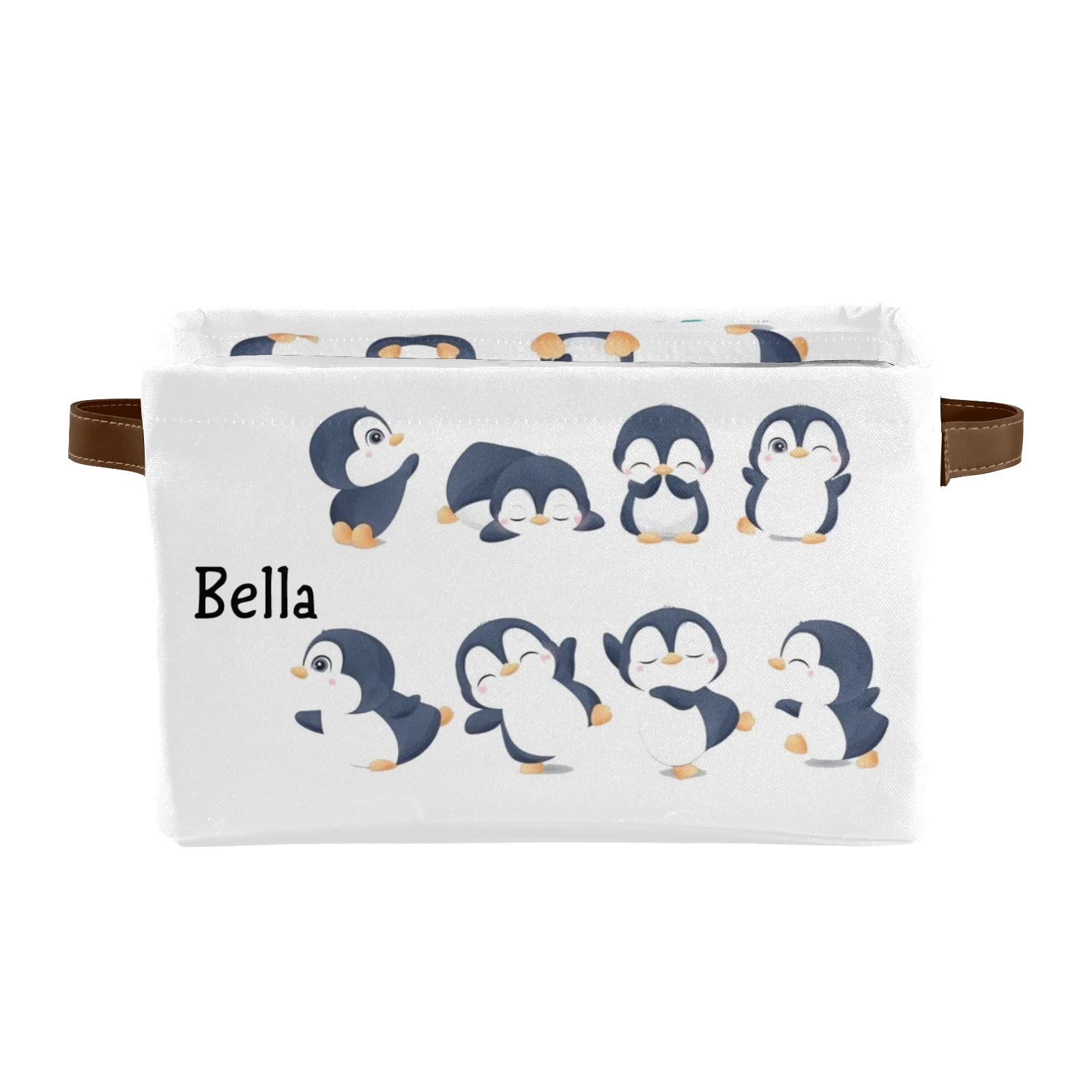 Personalized Cute Penguin Canvas Storage Bins with Custom Name - 2 Pack, Leather Handles for Office, Bathroom, Nursery, Closet & Shelf Organization - Perfect for Kids' Room Decor and Home Storage Solutions