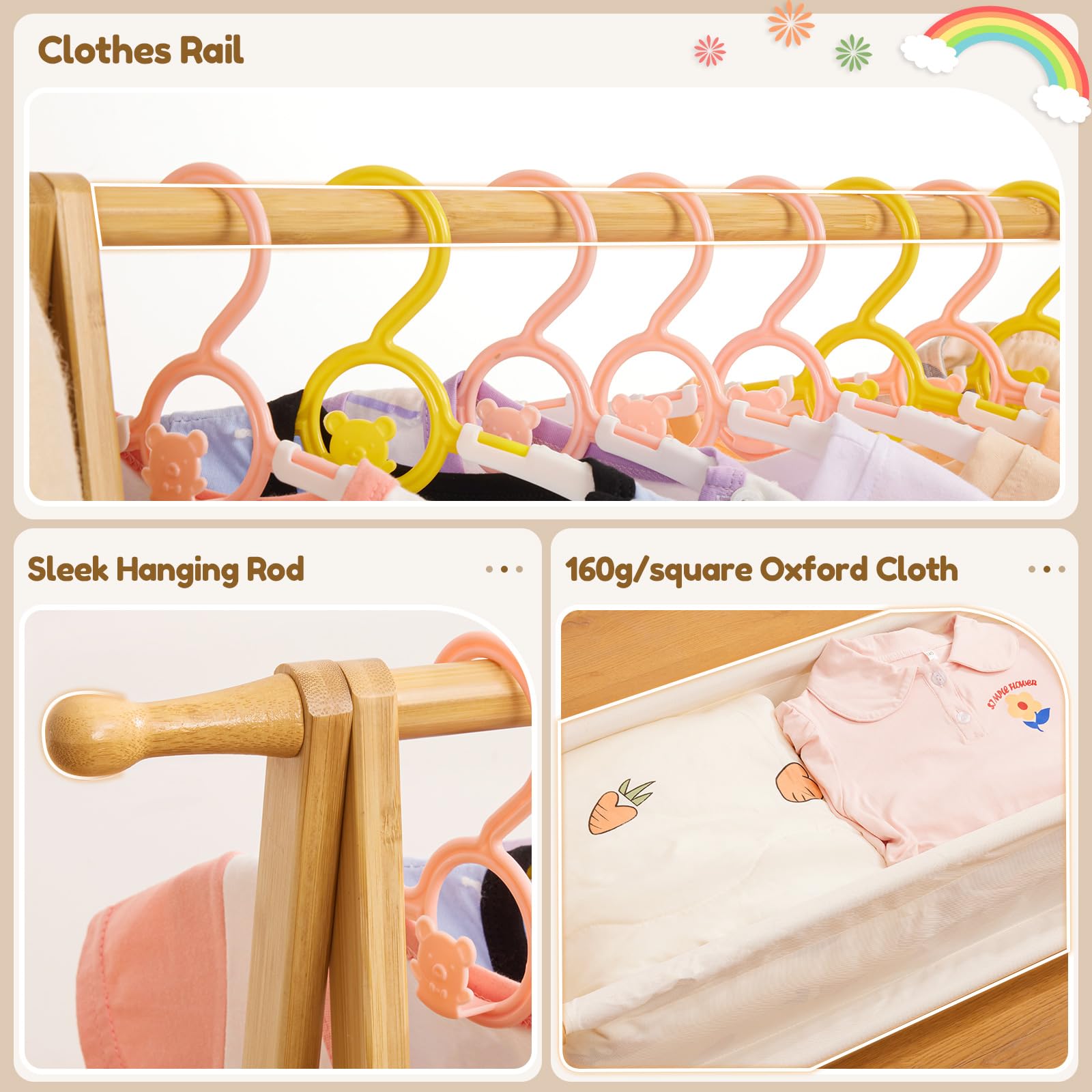 Kids Clothing Rack with Storage Box - Foldable Bamboo Garment Stand with Hanging Rods for Children's Wardrobe | Perfect for Bedroom, Nursery & Playroom Organization