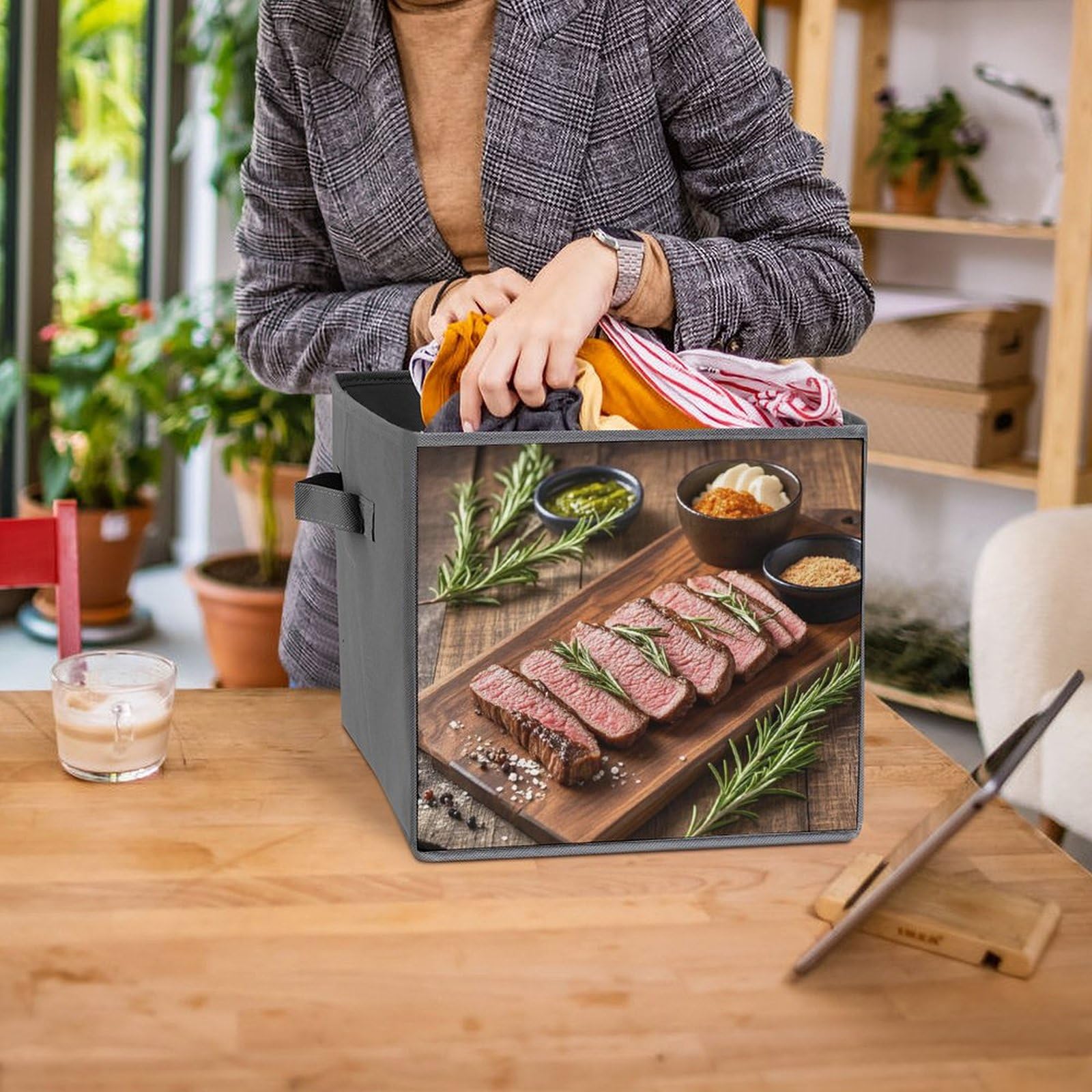 6-Pack Foldable Storage Bins with Handles - Large Capacity Rosemary & Steak Print Fabric Storage Boxes for Home, Office, Playroom Organization | Perfect for Toys, Books, Clothes & Household Items Storage