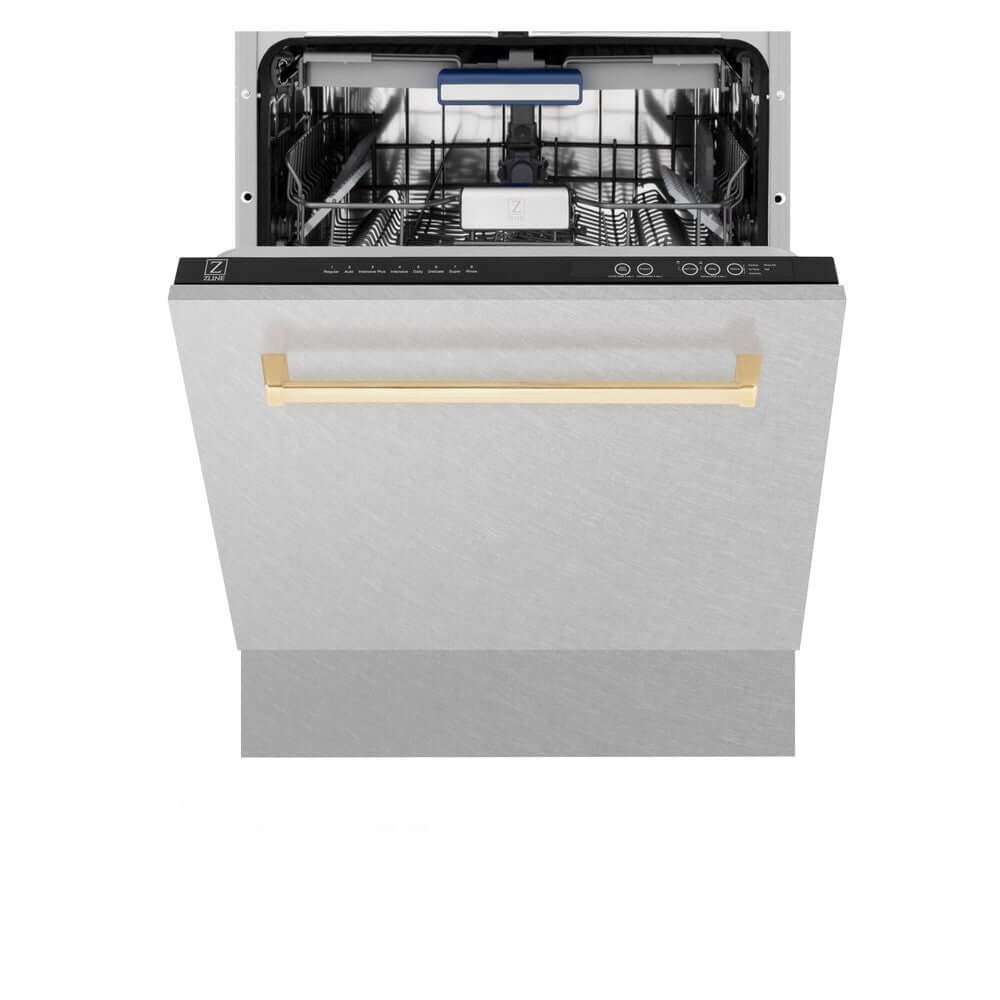 ZLINE Autograph Edition 24 Inch Built-In Dishwasher - Tallac Series with 3rd Rack, Top Control Panel, Satin Stainless Steel & Polished Gold Handle, Ultra Quiet 51dBa (DWVZ SN 24 G) - Perfect for Modern Kitchens, Luxury Homes & Open-Concept Living Spaces