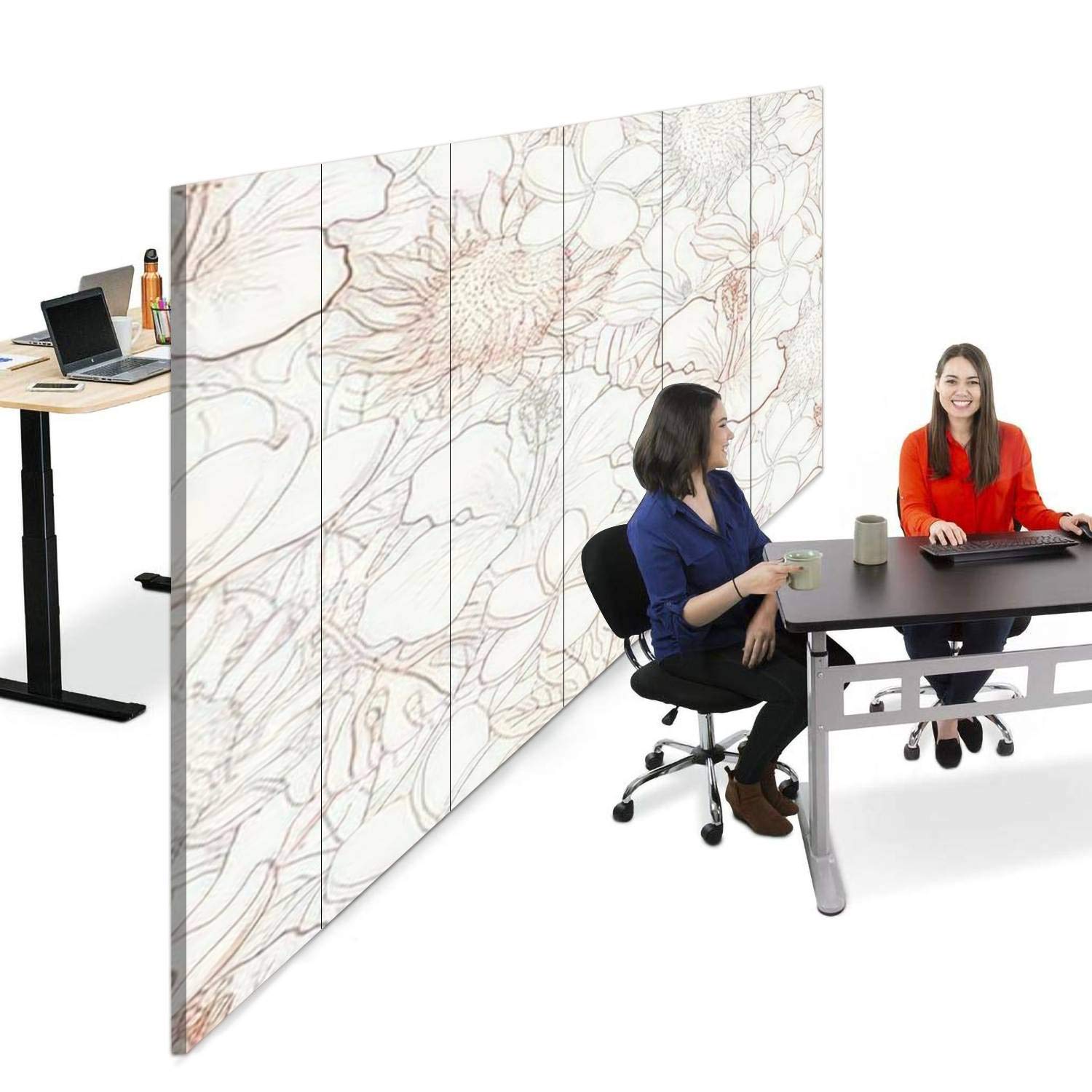 6-Panel Canvas Room Divider Screen with Tropical Flowers & Hand-Drawn White Exotic Blooms - Folding Privacy Partition for Bedroom, Office, and Living Room Spaces