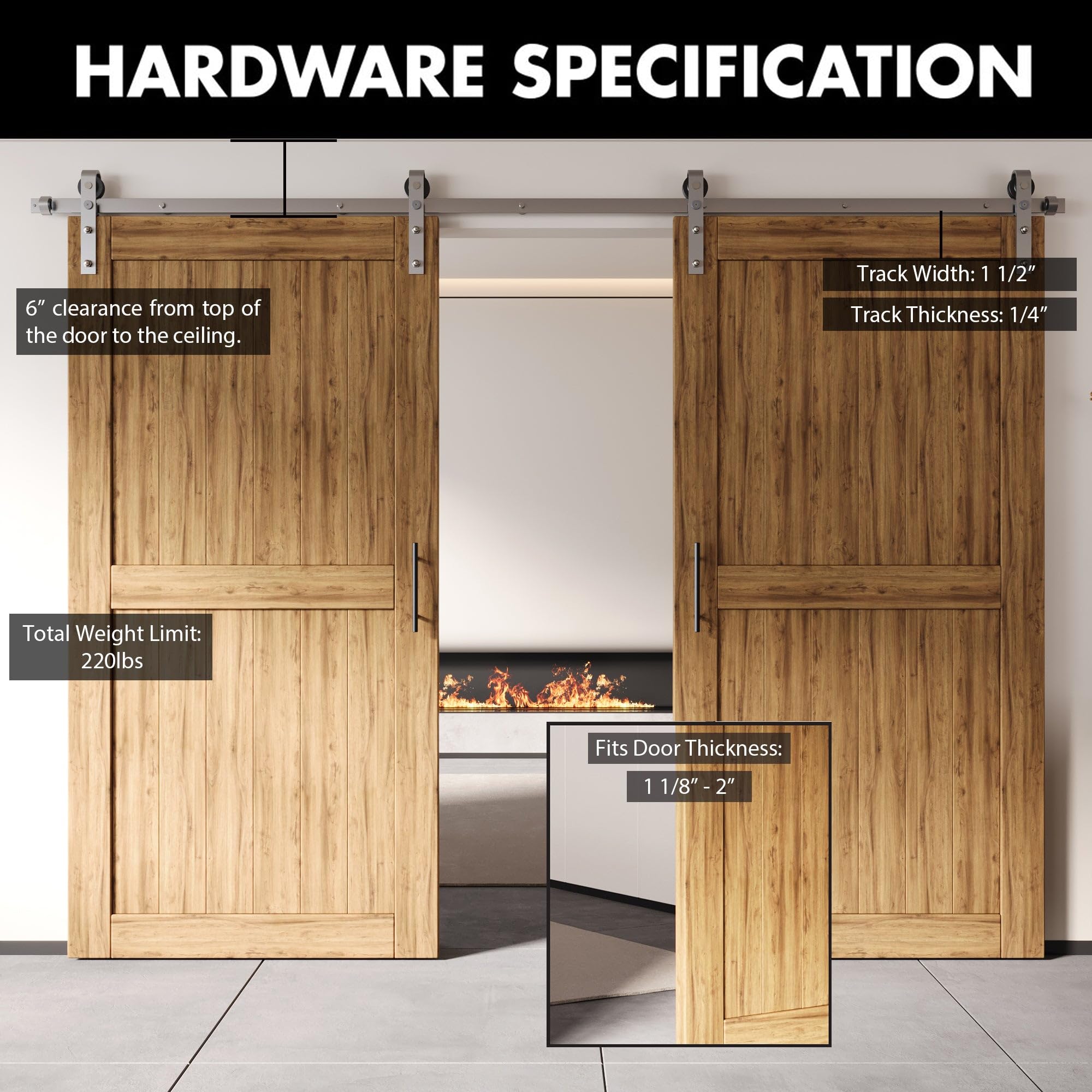 Homacer Brushed Nickel Sliding Barn Door Hardware Kit - Heavy Duty 12ft Flat Track for Double Doors, Classic Roller Design - Perfect for Farmhouse, Rustic & Modern Interior Spaces (Doors Not Included)