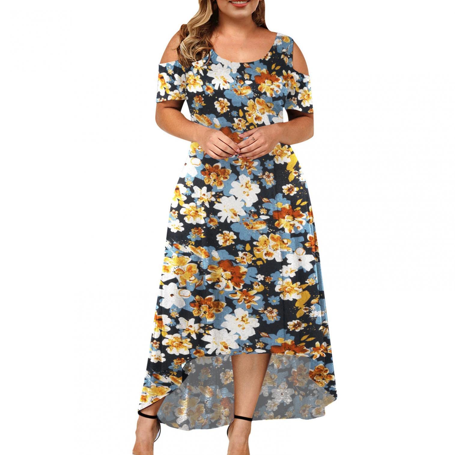 Plus Size Maxi Dress for Women - Sexy Off Shoulder Bohemian Floral Print Long Sundress with Slit | Perfect for Beach Vacations, Summer Parties & Boho Fashion