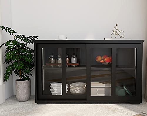 Antique Black Kitchen Buffet Cabinet with Sliding Glass Doors - Multi-Functional Sideboard Storage for Dining Room & Kitchen | Perfect for Entertaining, Displaying China, and Organizing Tableware