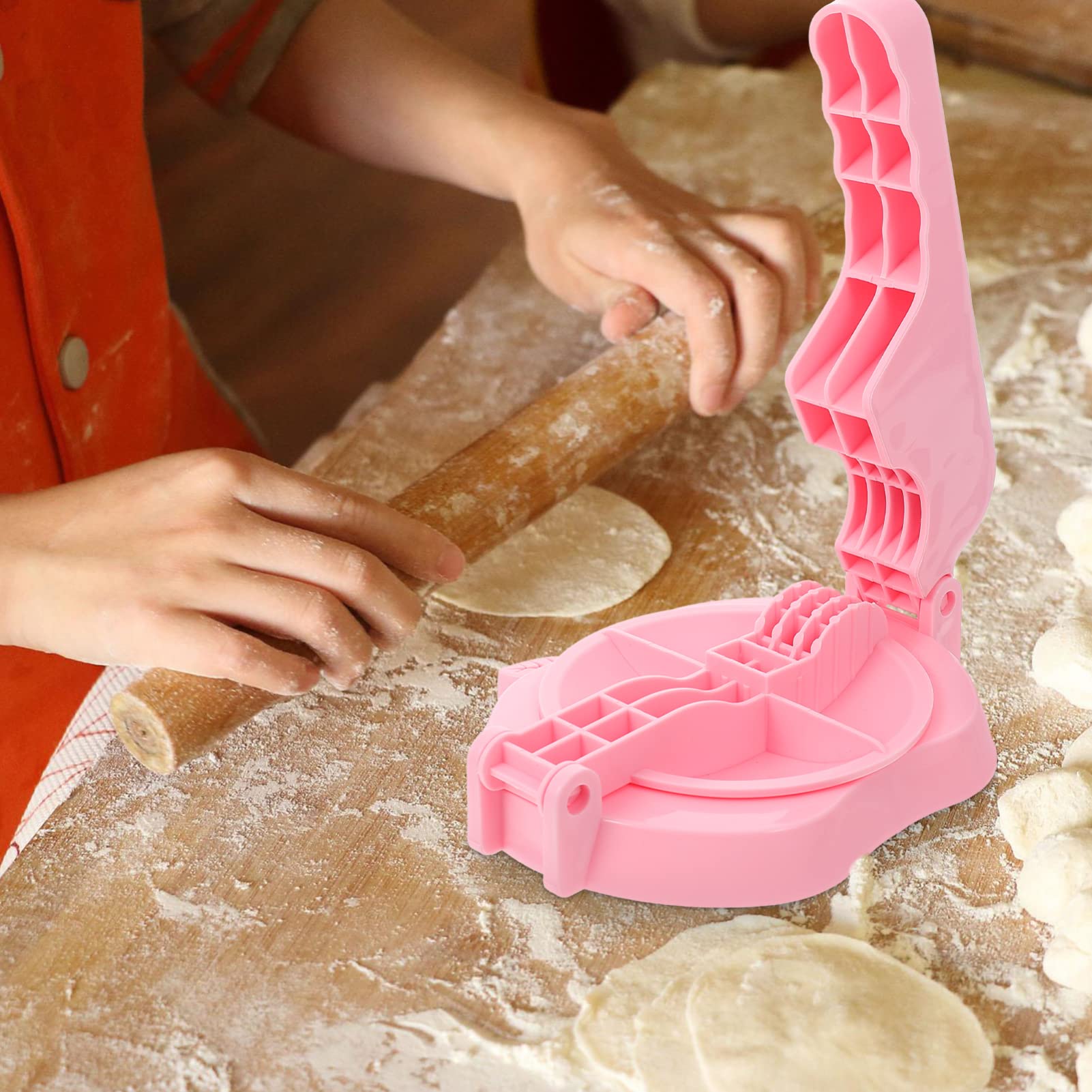 Hemoton 2-Piece Dumpling Maker Set - Authentic Ravioli Press, Tortilla Maker & Pastry Dough Press Tool for Homemade Dumplings, Wontons & Tortillas - Perfect Kitchen Gadget for Asian & Mexican Cuisine - Pink Rotary Design