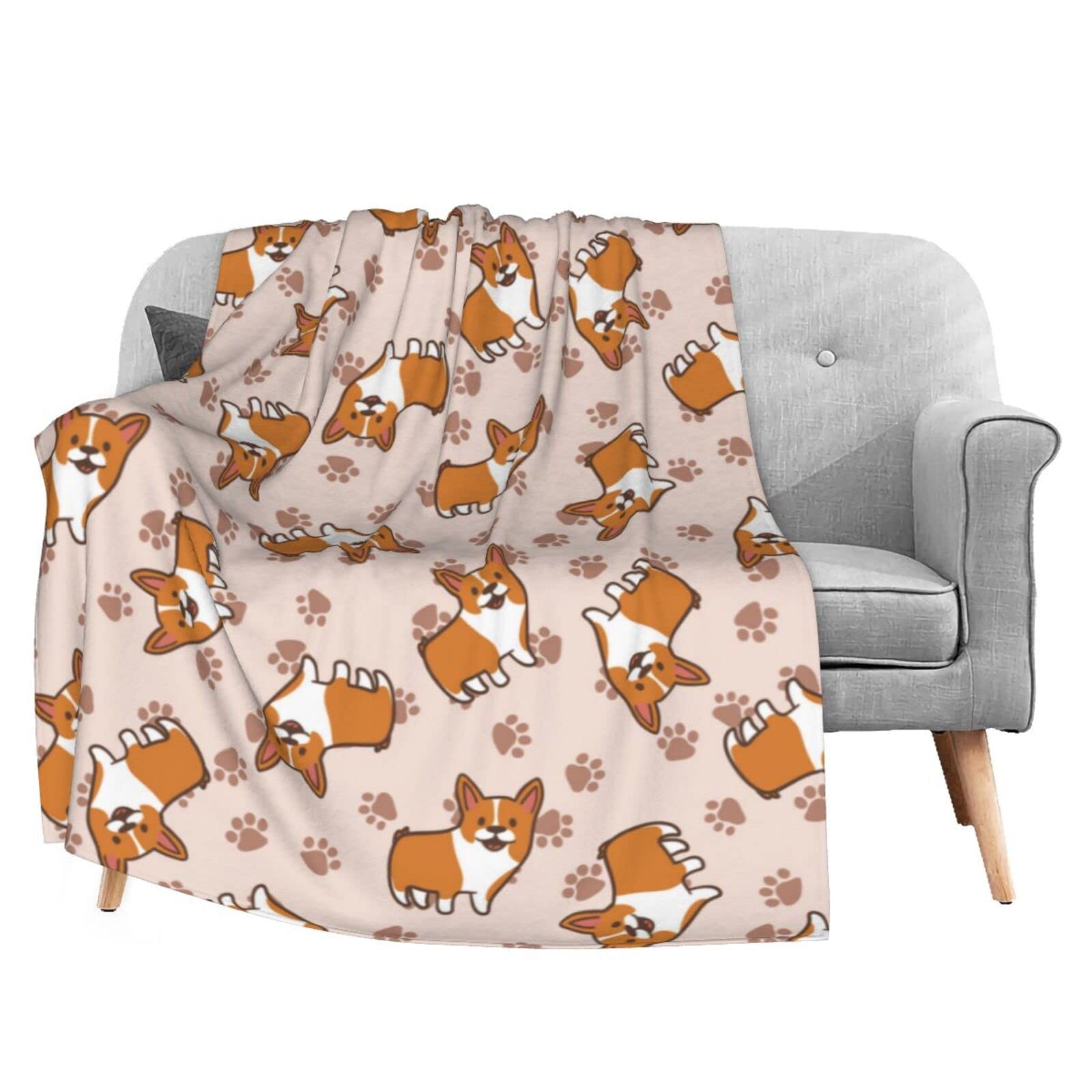 Delerain Flannel Blanket with Corgi Dog & Paw Print Design - Ultra Soft Lightweight Throw Blanket 60