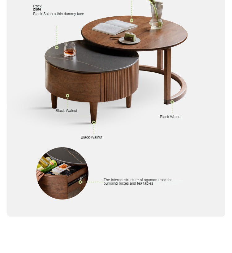 Premium Black Walnut & Ash Solid Wood Combination Rock Plate Coffee Table - Modern Living Room Furniture for Home Decor & Relaxation