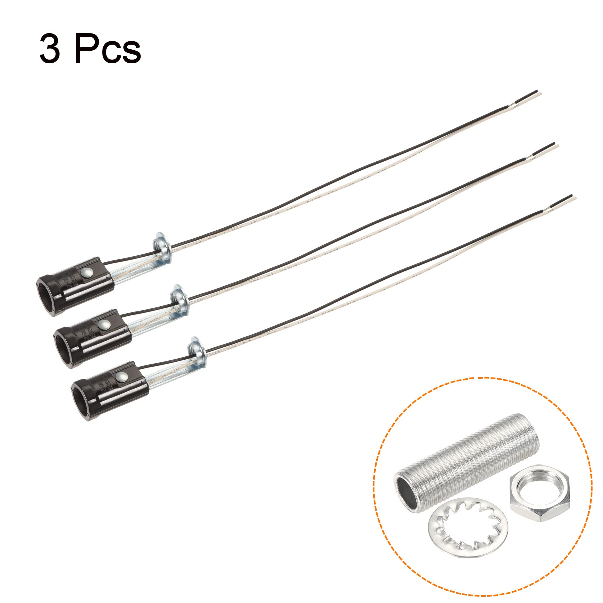 MECCANIXITY E12 Bulb Socket - 2.44 Inch Height Candelabra Base LED Lamp Holder with 9.8 Inch Wire & M10 Lamp Pipe Nuts - Pack of 3 - Perfect for Chandeliers, Ceiling Lights & DIY Lighting Projects