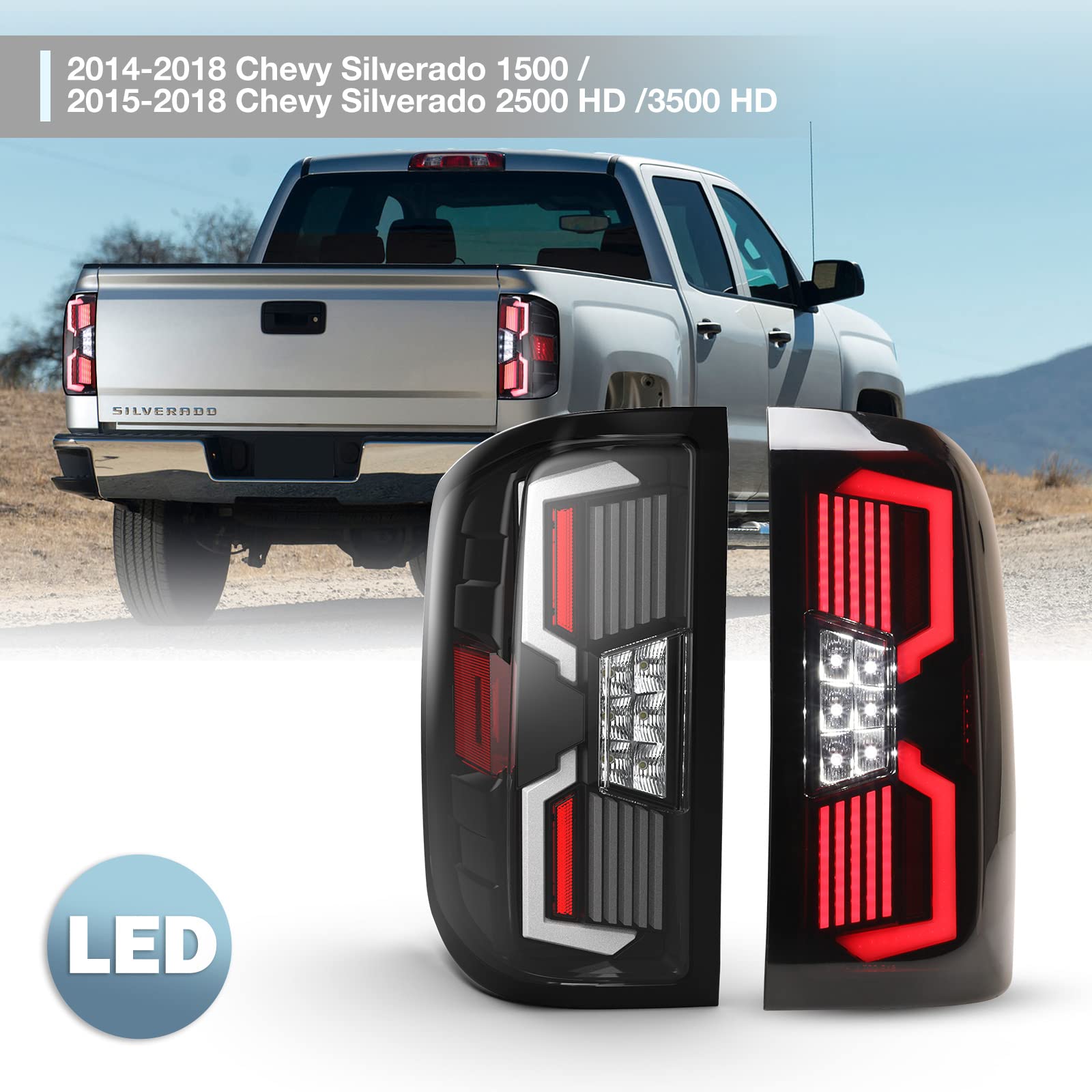 AUTOWIKI LED Taillight Assembly for 2014-2018 Chevy Silverado 1500/2500HD/3500HD - Dynamic LED Turn Signal Lights, Clear Lens Tail Lamps (1 Pair) - Perfect for Night Driving & Enhanced Safety