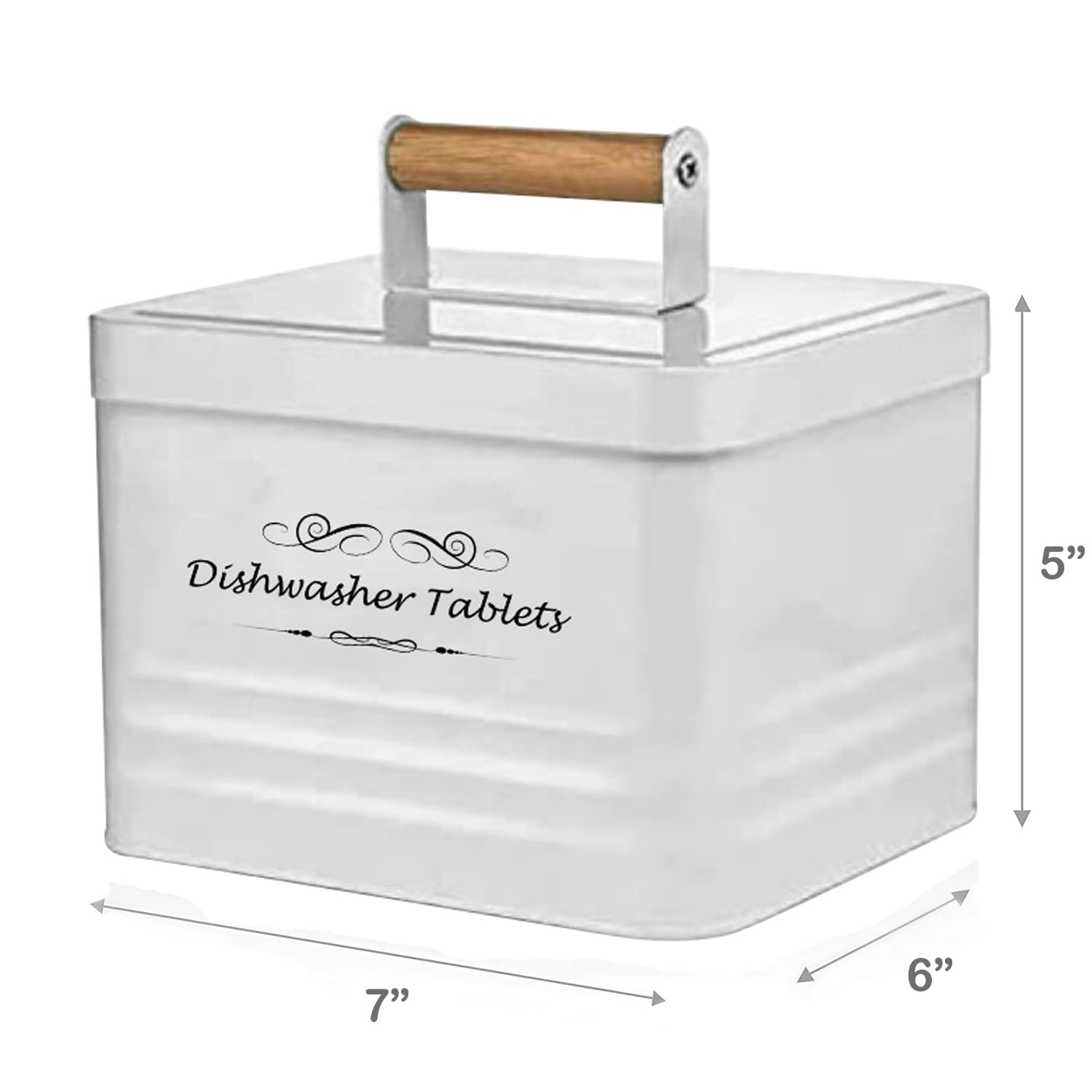 ELITAPRO Farmhouse Style Metal Dishwasher Pods Container with Lid - Rustic Kitchen Organizer for Cascade, Finish & All Dishwasher Tablets - Perfect for Countertop Storage & Kitchen Decor Accessories (White) - Ideal for Small Spaces, Apartments & Farmhouse Style Kitchens