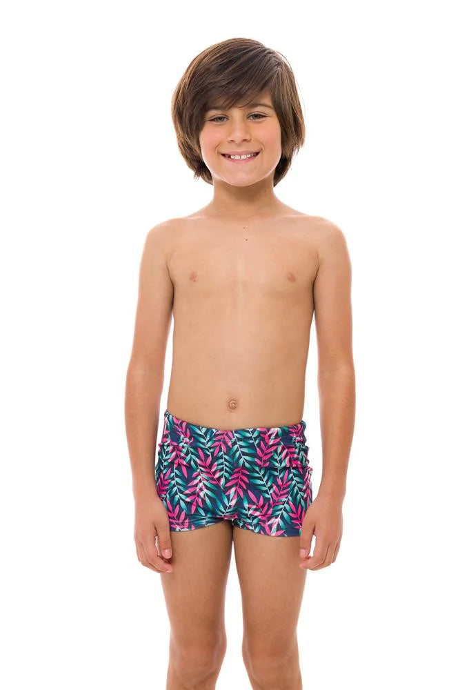 Royal Blue Neon Leaves Boys Swim Briefs - Quick Dry Swim Trunks for Kids, Comfortable Swimwear for Beach, Pool & Summer Activities