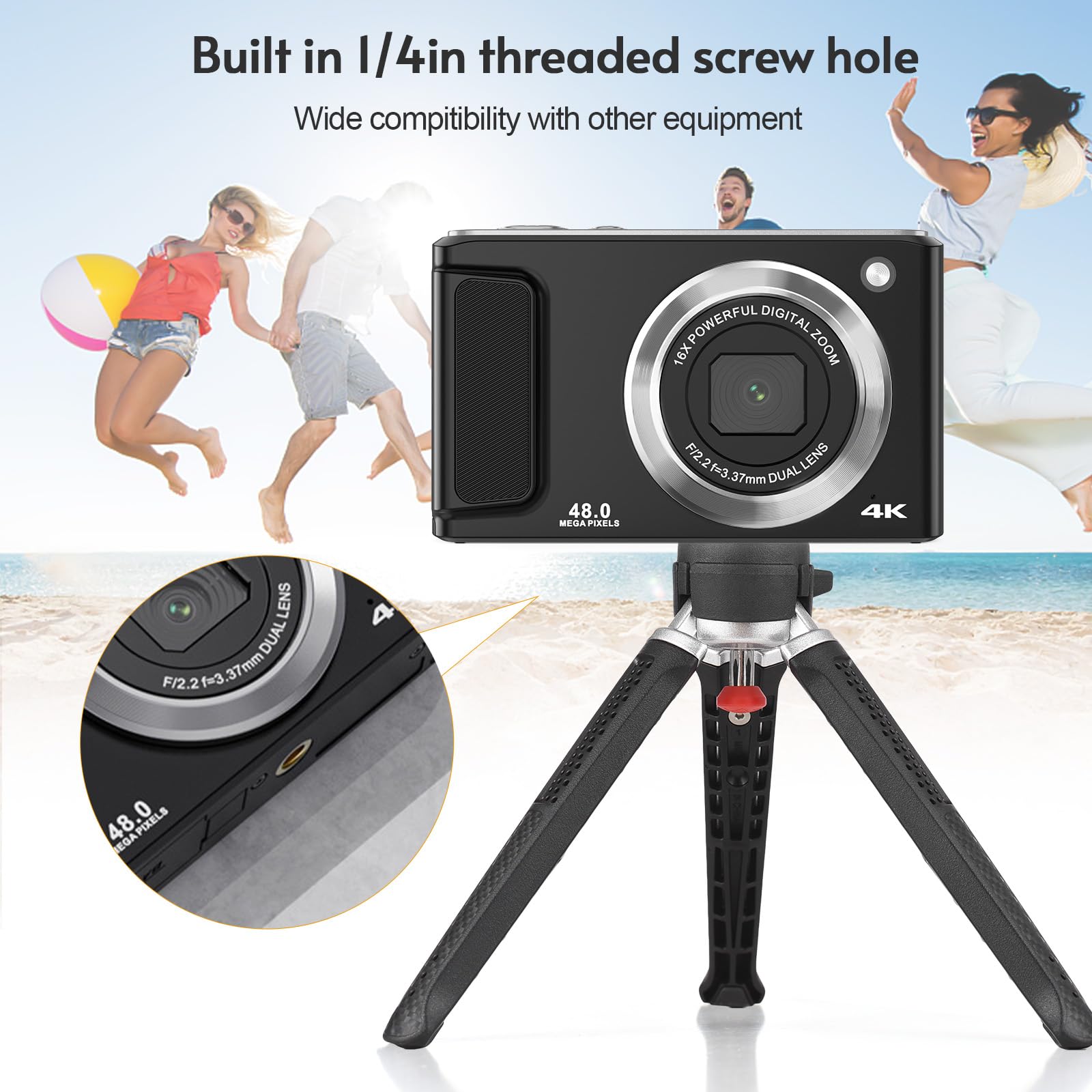 Andoer 4K 48MP Dual Lens Camera with 32GB Card - Perfect for Kids & Travel Photography