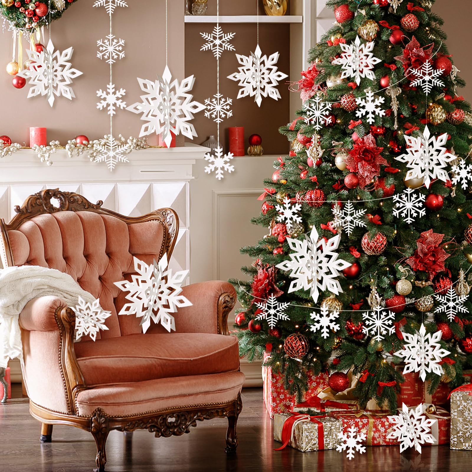 30pcs 3D Hanging Snowflake Decorations - Large Paper Snowflake Garland for Christmas Tree & Winter Wonderland Party Decor - Indoor Home Holiday Decorations for White Christmas, New Year & Winter Weddings