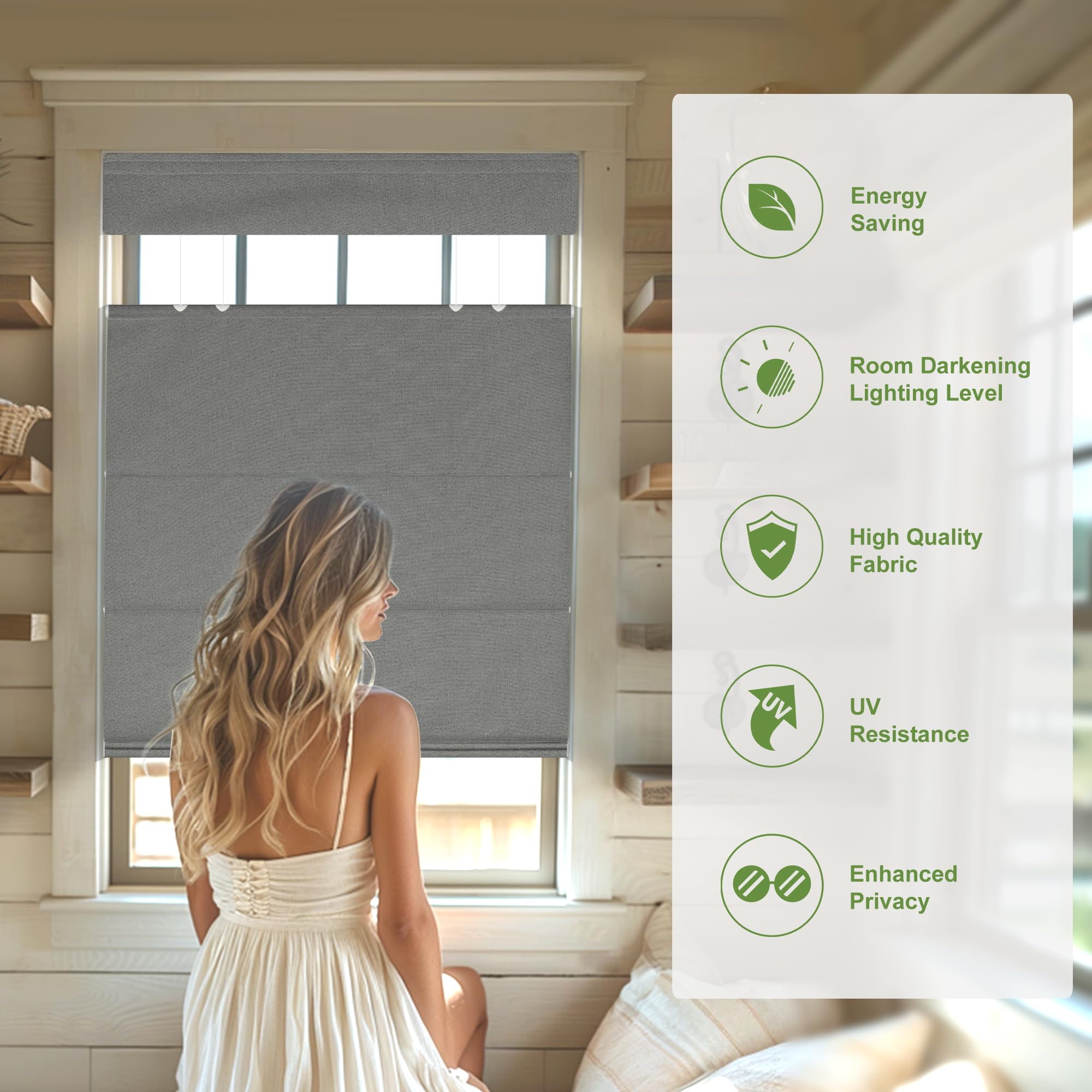 Top Down Bottom Up Roman Shades for Windows - Blackout Cordless Roman Blinds | Easy to Install Thermal Insulated Window Treatment for Kitchen & Living Room | Light Gray 22.5