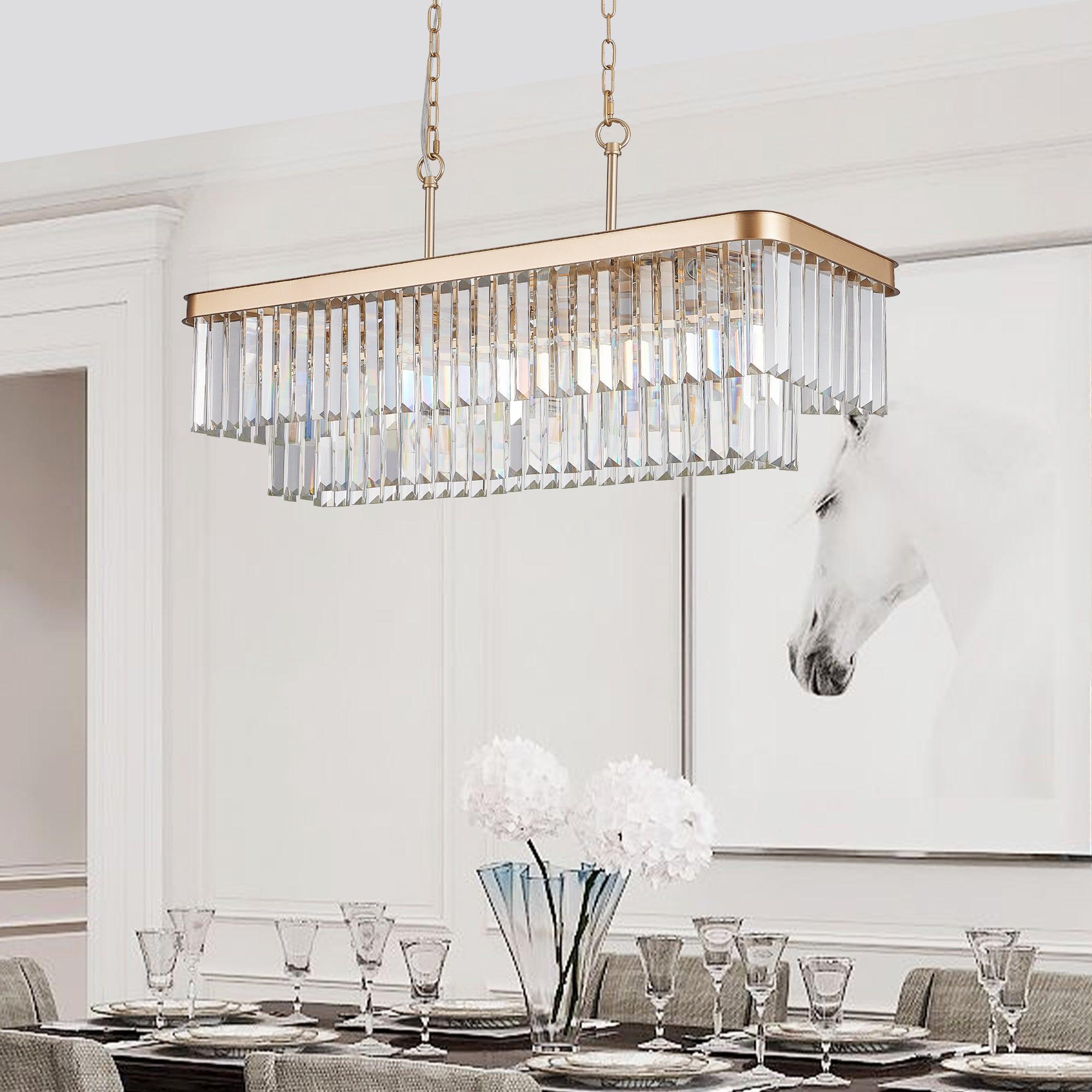 Modern Rectangular Crystal Chandelier - Adjustable E12 Industrial Farmhouse Ceiling Light with Iron Frame in Gold (Bulbs Not Included) - Perfect for Kitchen, Living Room, Bedroom & Dining Room Lighting