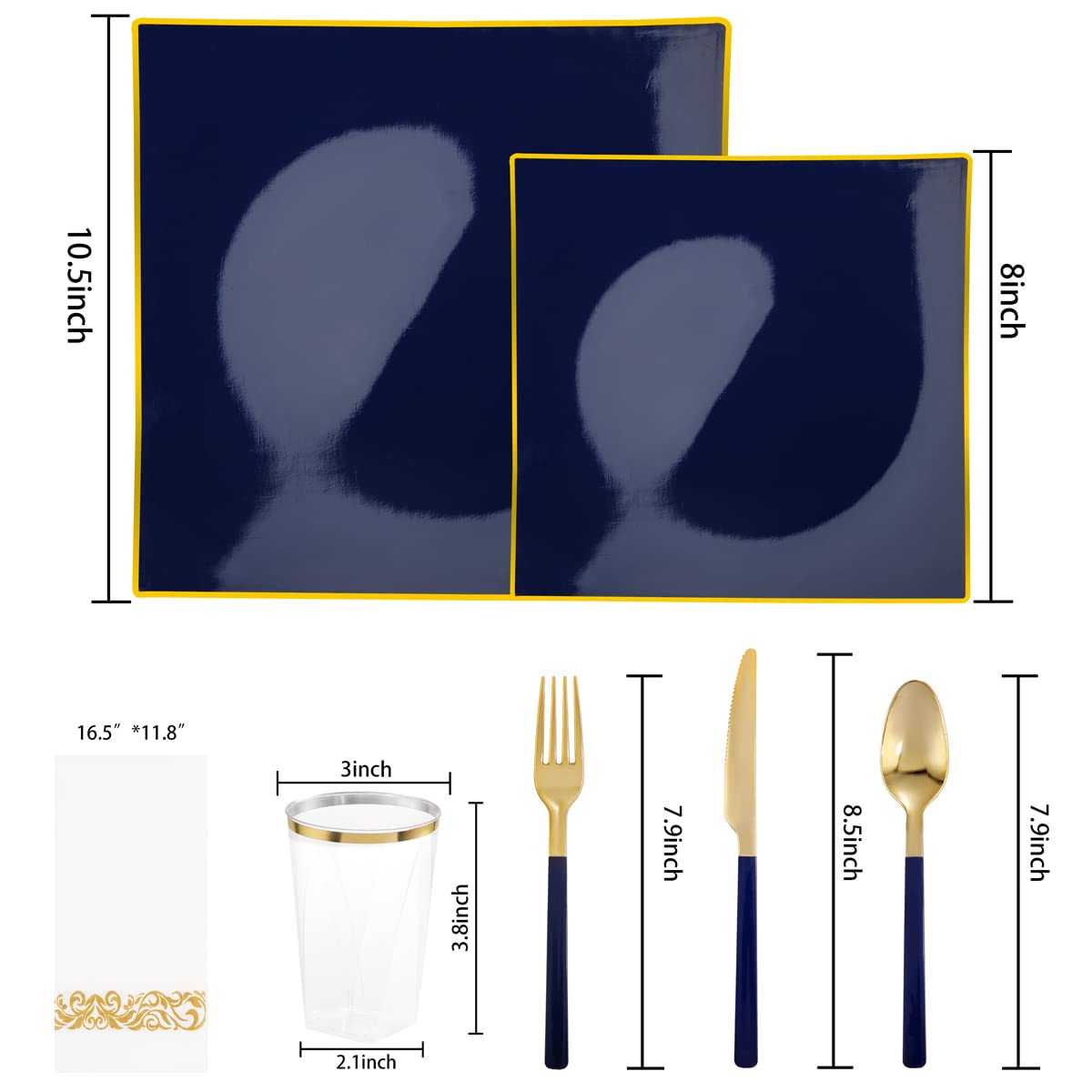 140-Piece Blue Plastic Dinnerware Set - Disposable Gold Square Plates, 20 Dinner Plates, 20 Dessert Plates, 20 Knives, 20 Forks, 20 Spoons, 20 Napkins & 20 Cups - Elegant Tableware for Weddings, Parties & Outdoor Events