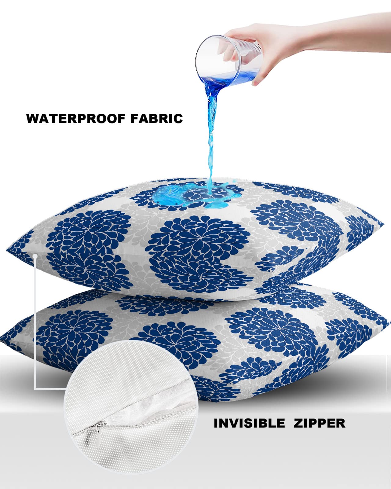 Waterproof Outdoor Throw Pillow Covers Set of 2 - 24x24 Inch Blue Grey Hydrangea Floral Lumbar Pillowcases for Patio Furniture, Couch, Garden Decor | Weather-Resistant & UV Protected for Porch, Deck, Poolside Use