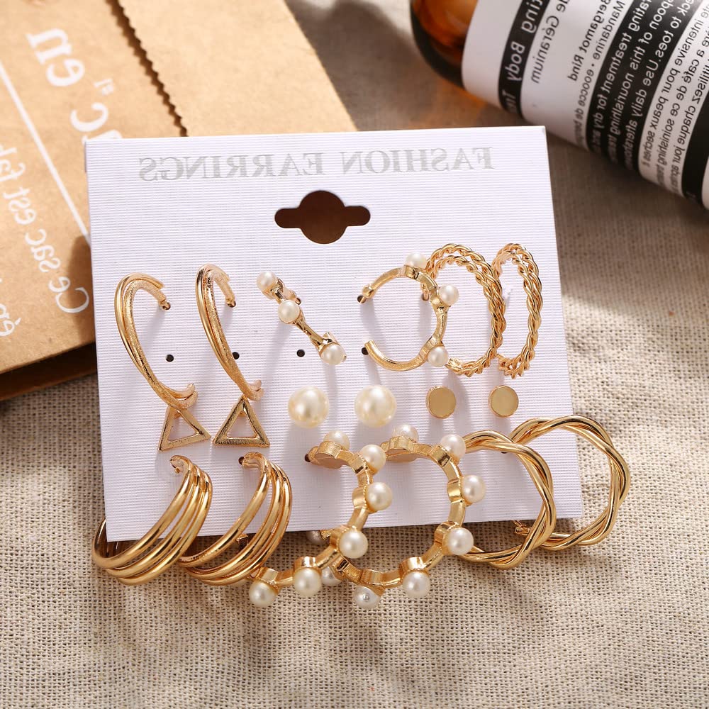 Golden Plated Triangle Pearl Stud & Twisted Hoop Earrings Set - 9 Pairs for Women & Girls | Elegant Jewelry for Parties, Weddings & Daily Wear