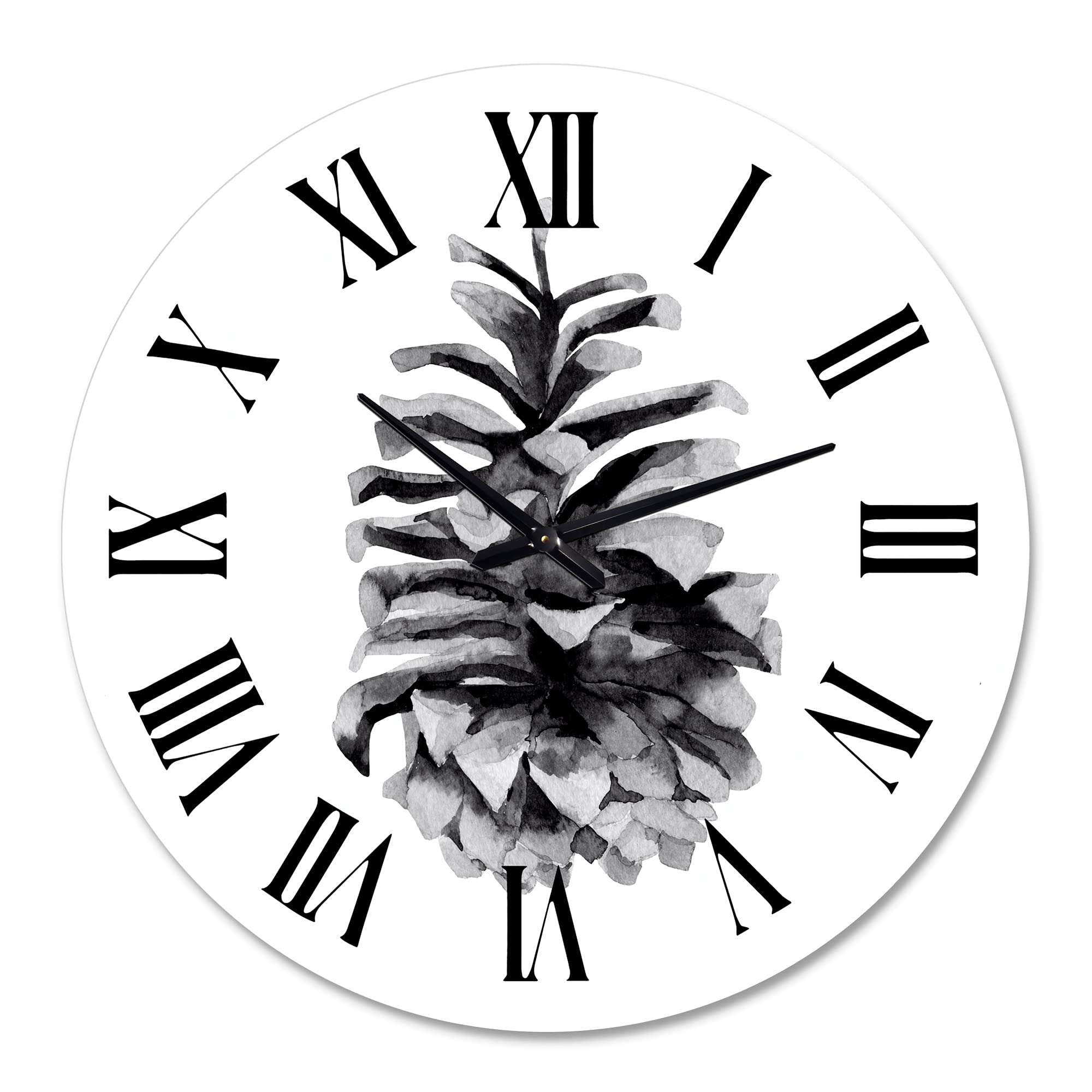DesignQ Traditional Wall Clock 'Conifer Cone Monochrome' - Large Floral Botanical Wall Clock for Bedroom, Living Room & Office Decor - Perfect for Home, Office and Gift Giving