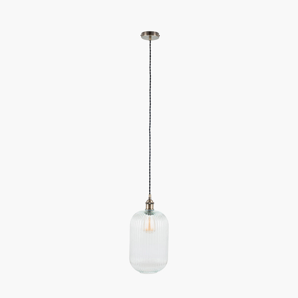 Clear Ribbed Glass Tall Pendant Light Fixture - Modern Hanging Chandelier for Dining Room, Kitchen Island & Entryway Lighting
