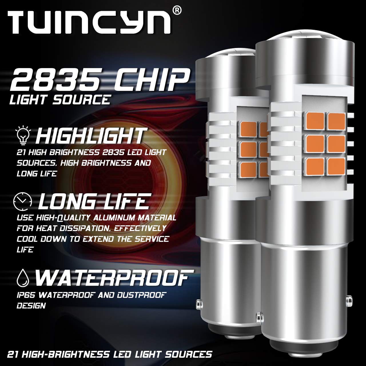 TUINCYN 1157 LED Amber Yellow Turn Signal Light Bulb - 2057 2357 7528 BAY15D Replacement for Tail, Brake, Reverse, Parking & Blinker Lights - 12V DC (Pack of 2) - Perfect for Cars, Trucks, SUVs & Motorcycles
