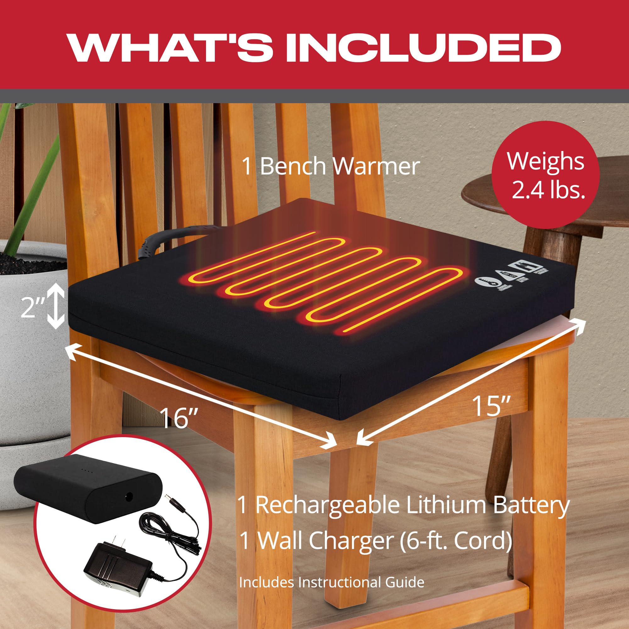 Portable Heated Stadium Seat Cushion with Rechargeable Battery - Bench Warmer for Outdoor Sports, Camping & Winter Events - Durable Cordura Fabric in Black
