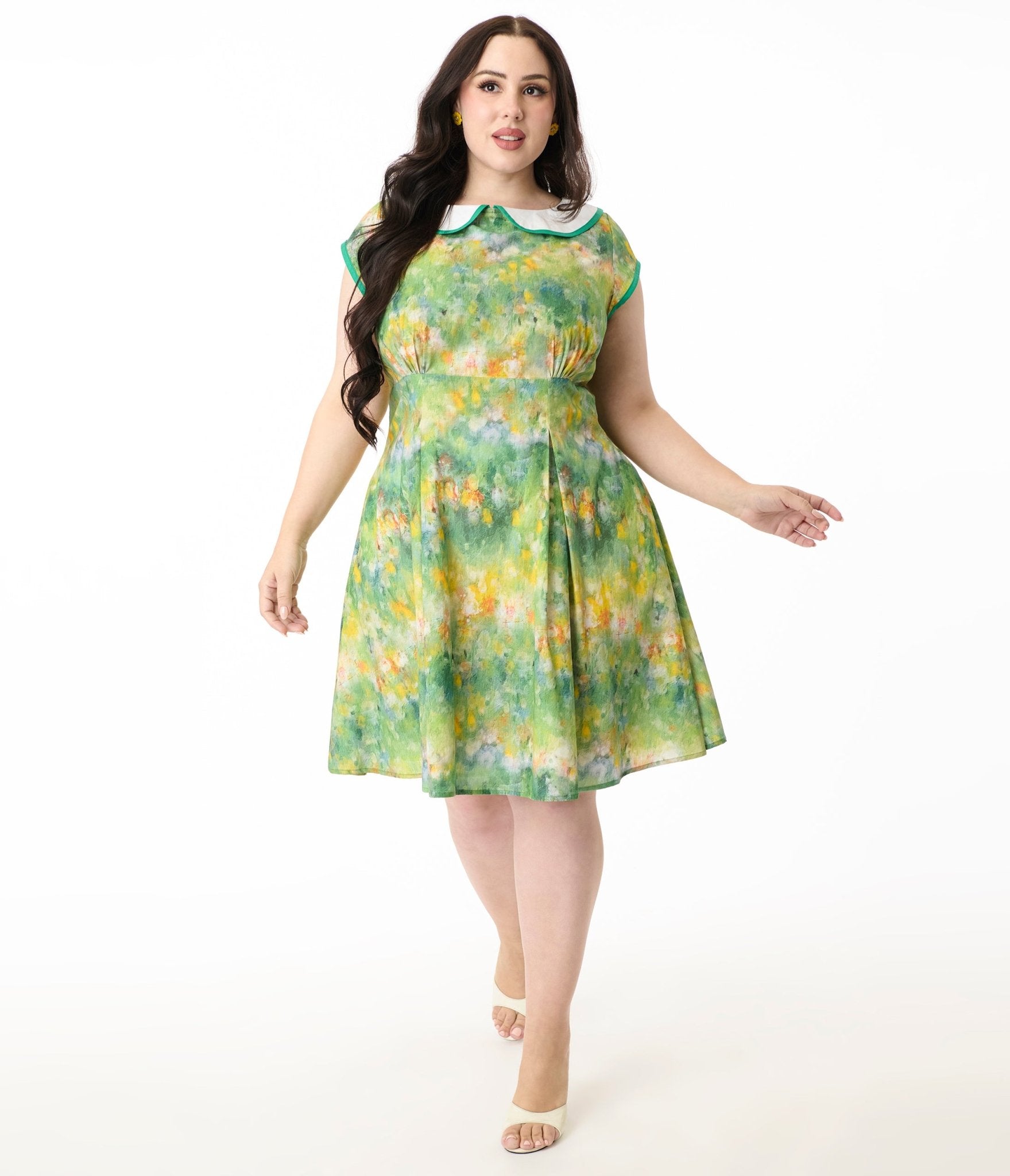 Smak Parlour Plus Size Green Painted Garden Fit & Flare Dress - Elegant Floral Summer Dress for Women, Perfect for Garden Parties, Weddings & Outdoor Events