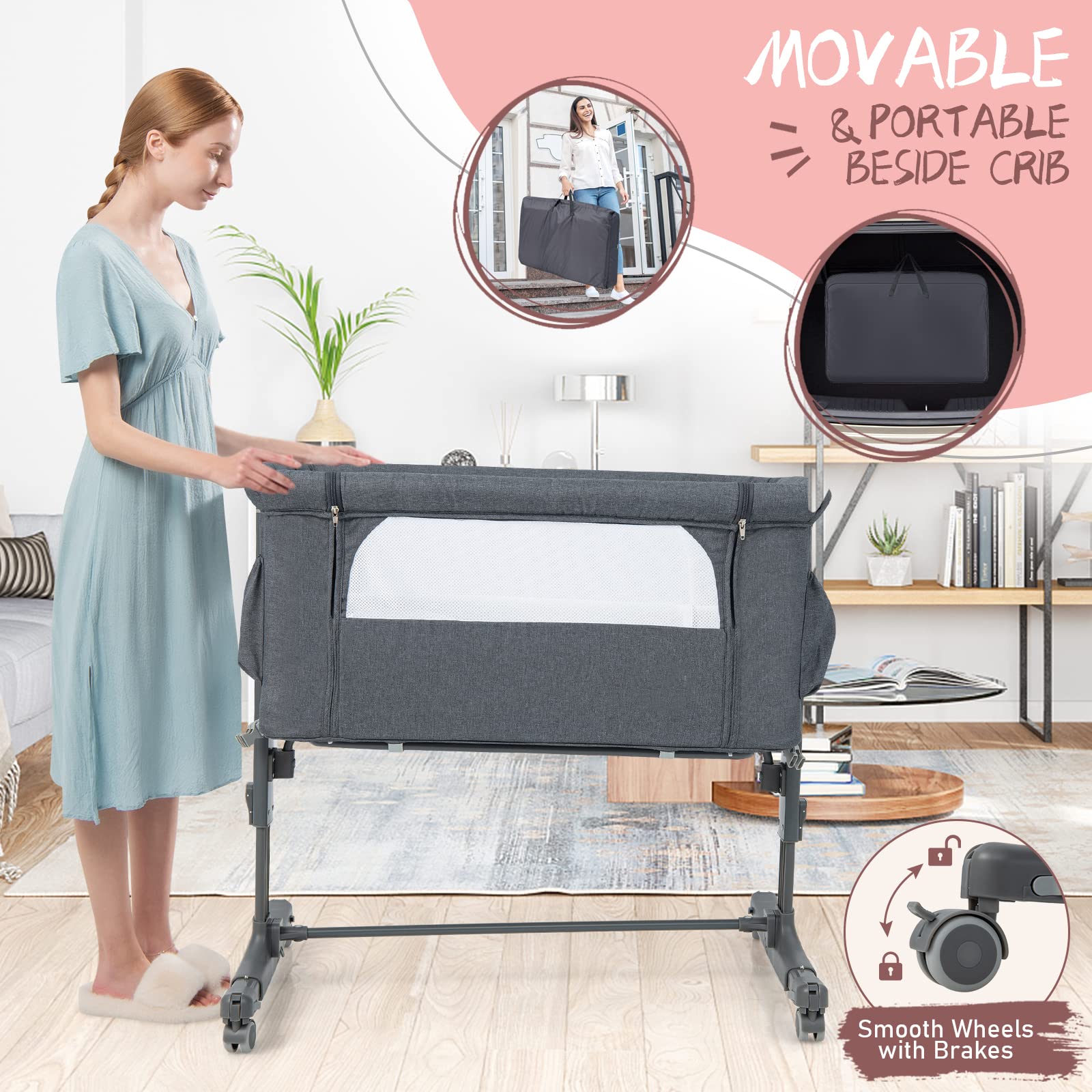 HONEY JOY 3-in-1 Portable Baby Bassinet Bedside Sleeper with Wheels - Adjustable Height Crib for Newborns & Infants, Includes Mattress & Carry Bag (Gray) | Perfect for Nursery, Bedroom Co-Sleeping & Travel