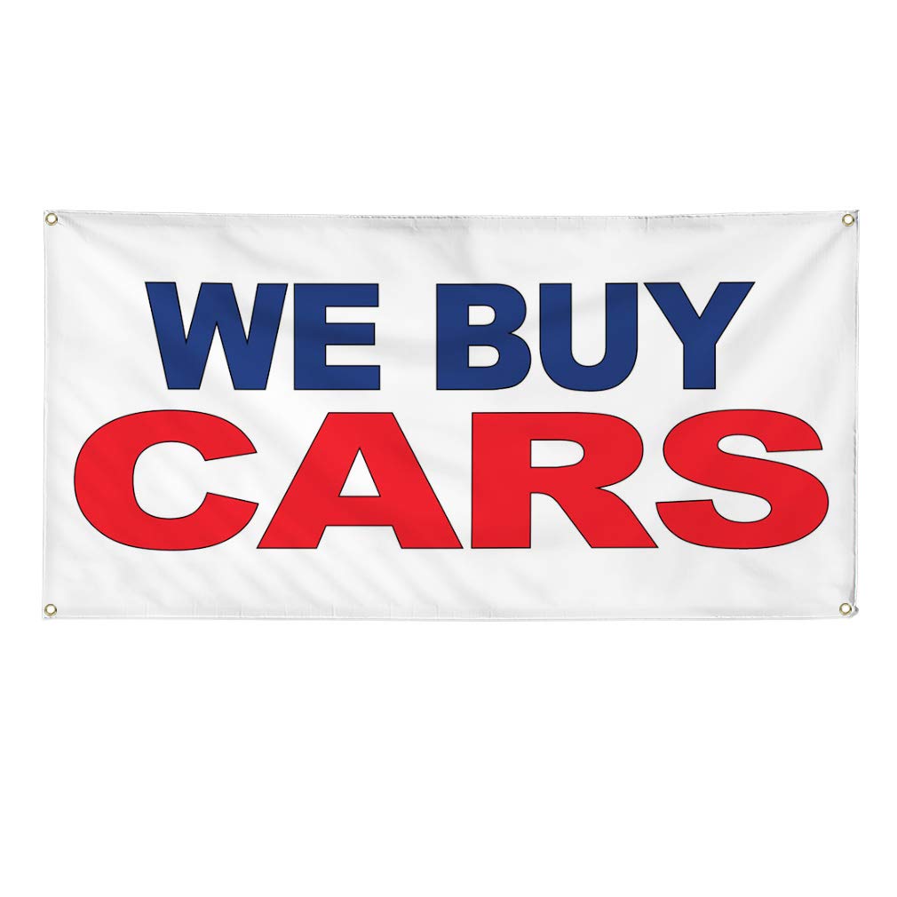 Custom Vinyl Car Buying Banners - 60x144 Inches, Weatherproof & Durable for Outdoor Use - Blue & Red Automotive Signs with 10 Grommets - Perfect for Car Dealerships, Junkyards & Industrial Yard Advertising