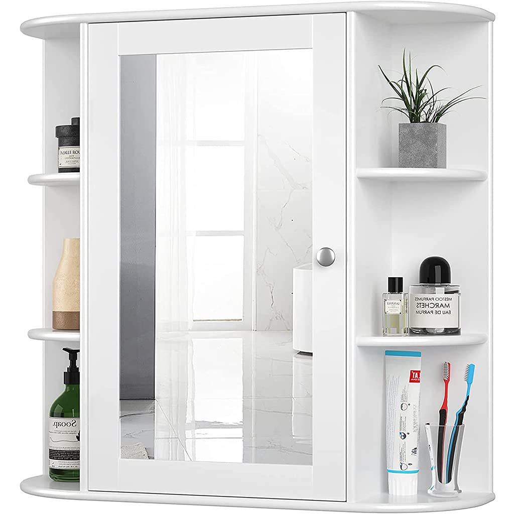 White Wooden Wall Mounted Bathroom Medicine Cabinet with Mirror - Double Door Storage Organizer with Adjustable Shelf for Bathroom, Toilet & Kitchen - Perfect for Small Space Organization & Home Decor