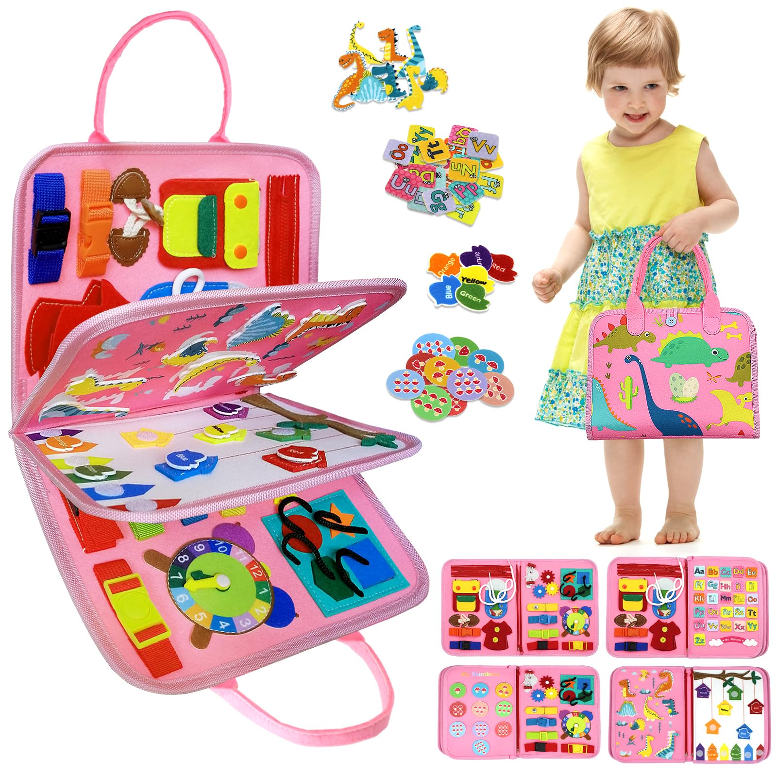 Montessori Busy Board Toy for Toddlers 1-4 - Travel Sensory Activity for Boys & Girls (Pink Dino) - Perfect for Car & Airplane Learning