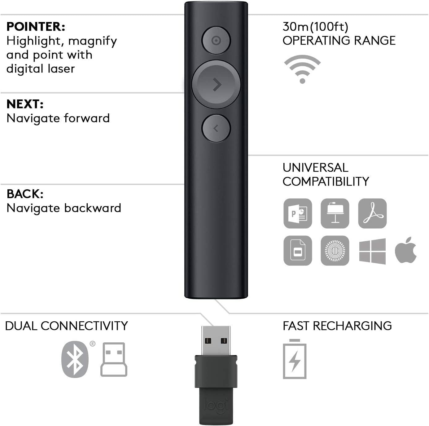 Logitech Spotlight Wireless Presentation Remote - Bluetooth Clicker with Laser Pointer, Digital Highlighting, 30m Range & Fast Charging | Perfect for Business Meetings, Classroom Teaching & Conference Presentations (Silver)